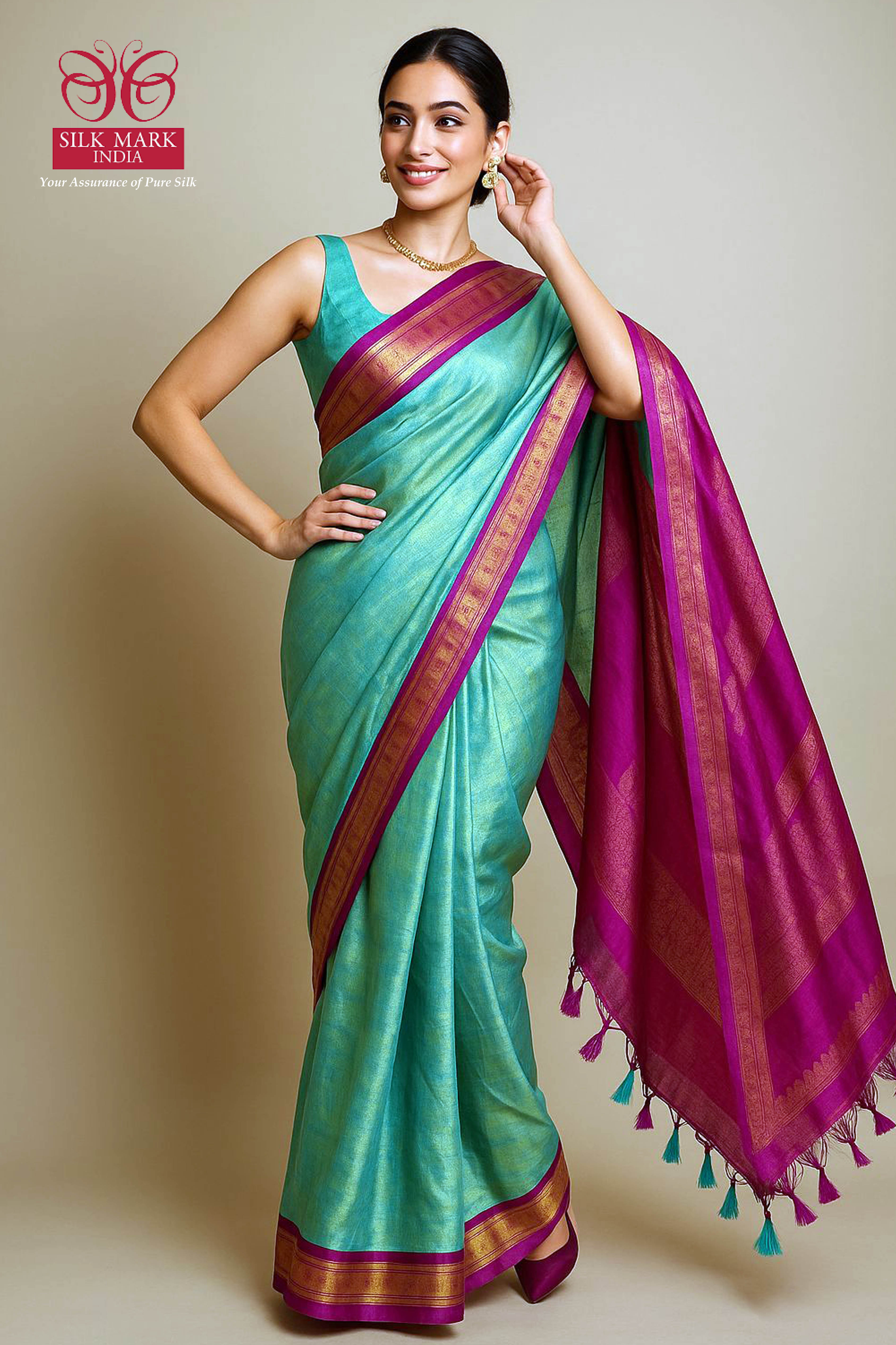 Pure Tissue linen Saree in Aqua Colour - Indian Handloomz