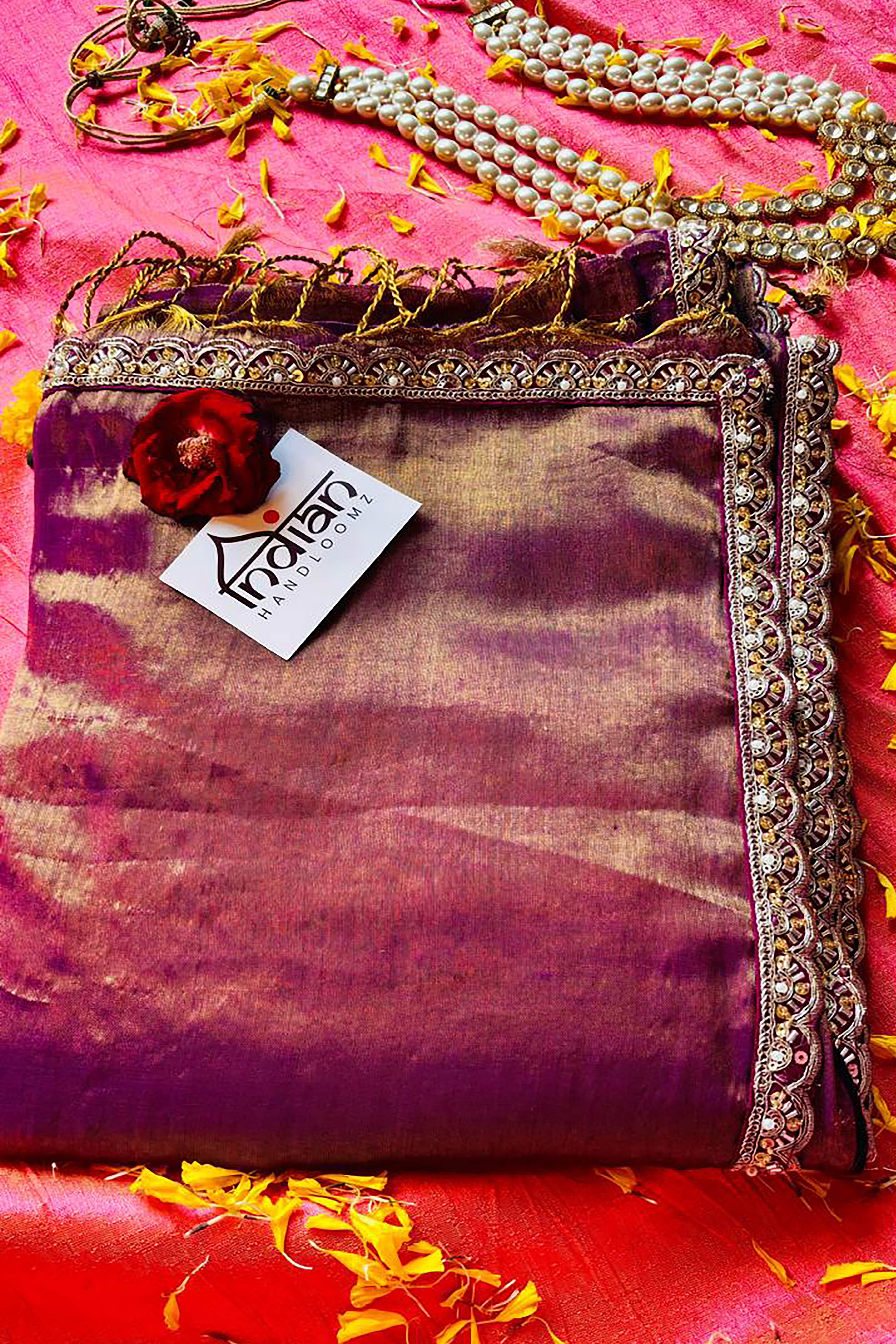 Urja Pure Tissue Linen Saree in Purple & Gold Shades with Zardosi Border & Pearl Embedded