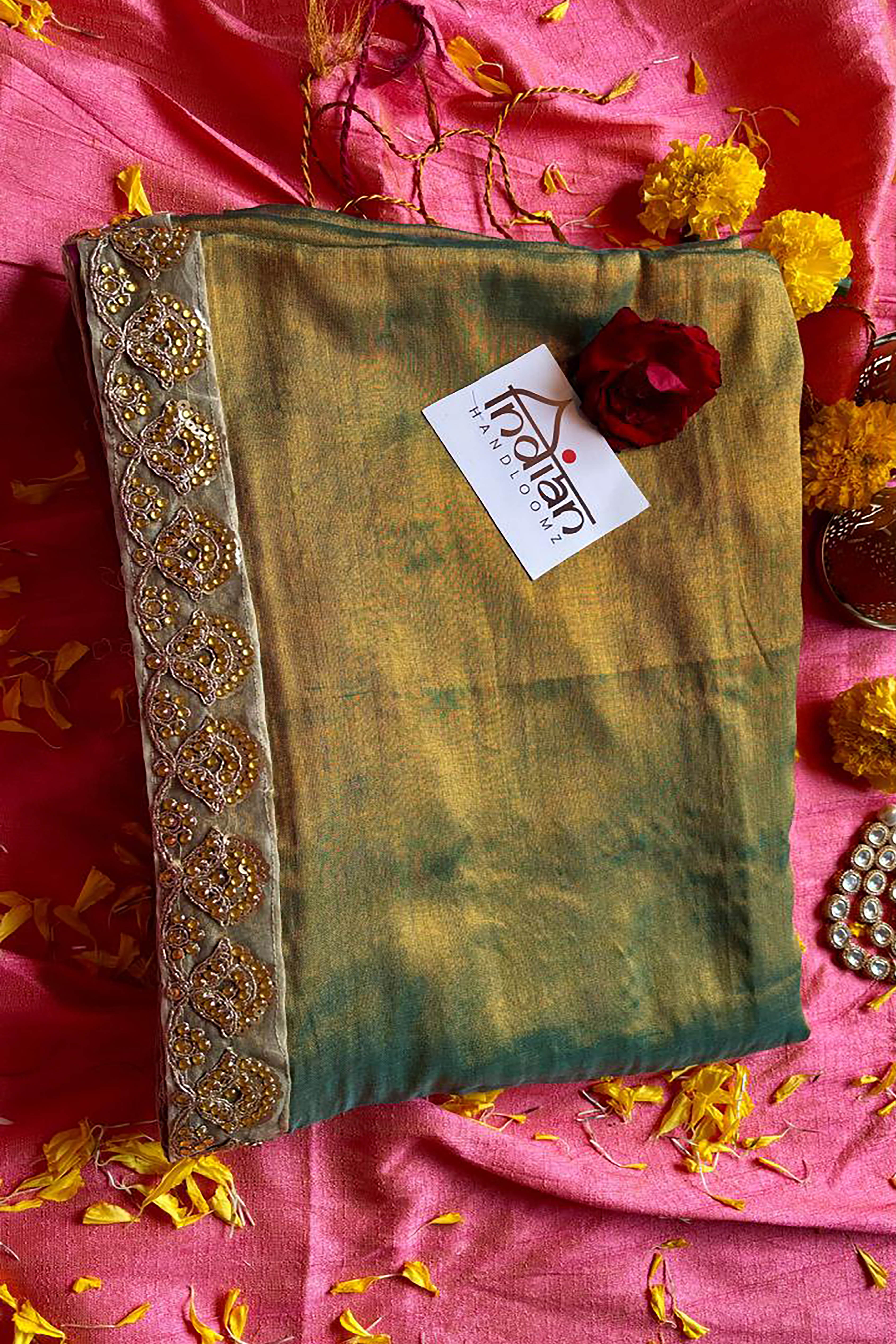 Jhilmil Pure Tissue Linen Saree in Light Mehendi & Golden Colour with Zardosi Border