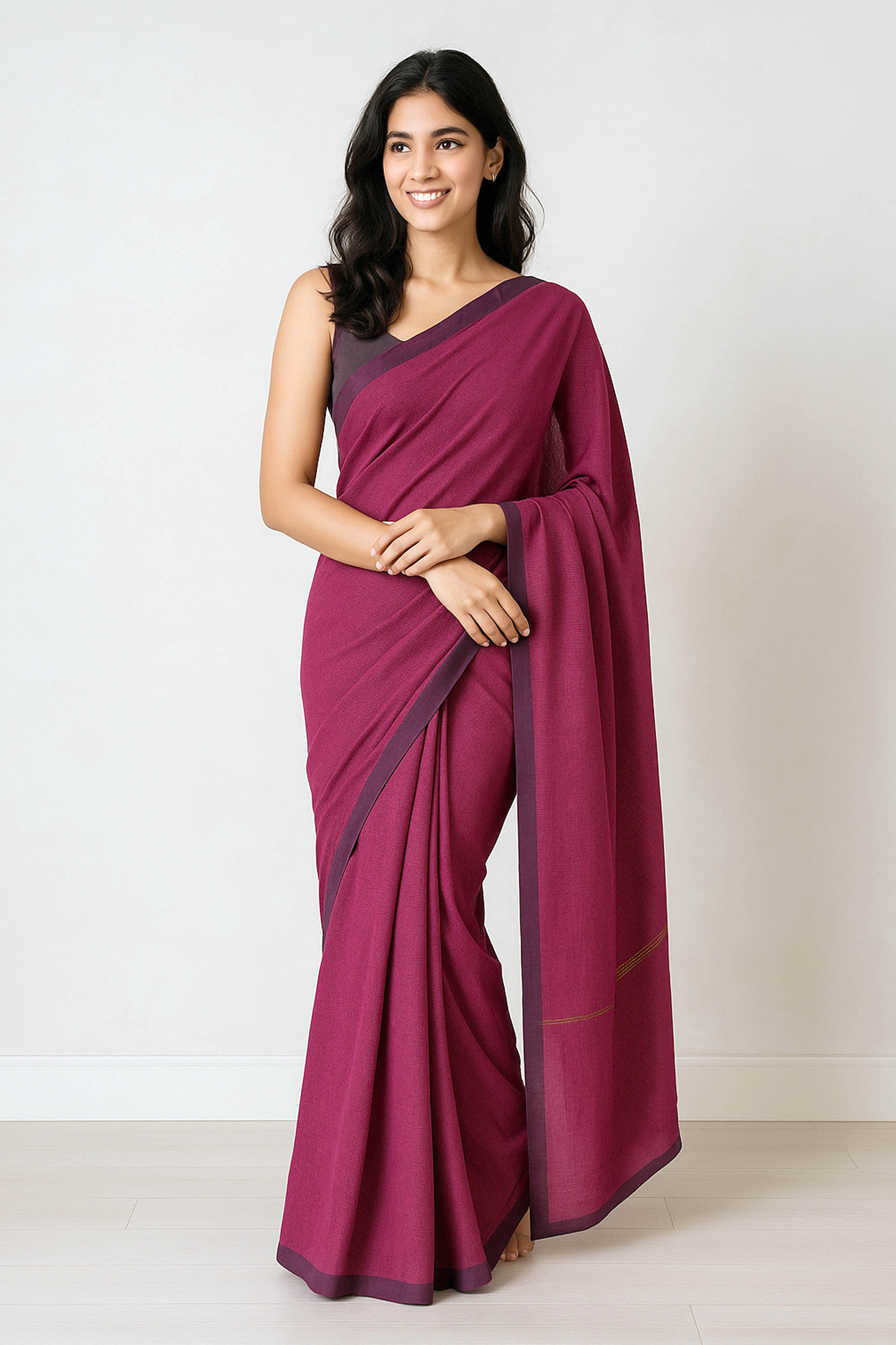 Rani Pink Cotton Saree with Golden Zari Lines - Indian Handloomz
