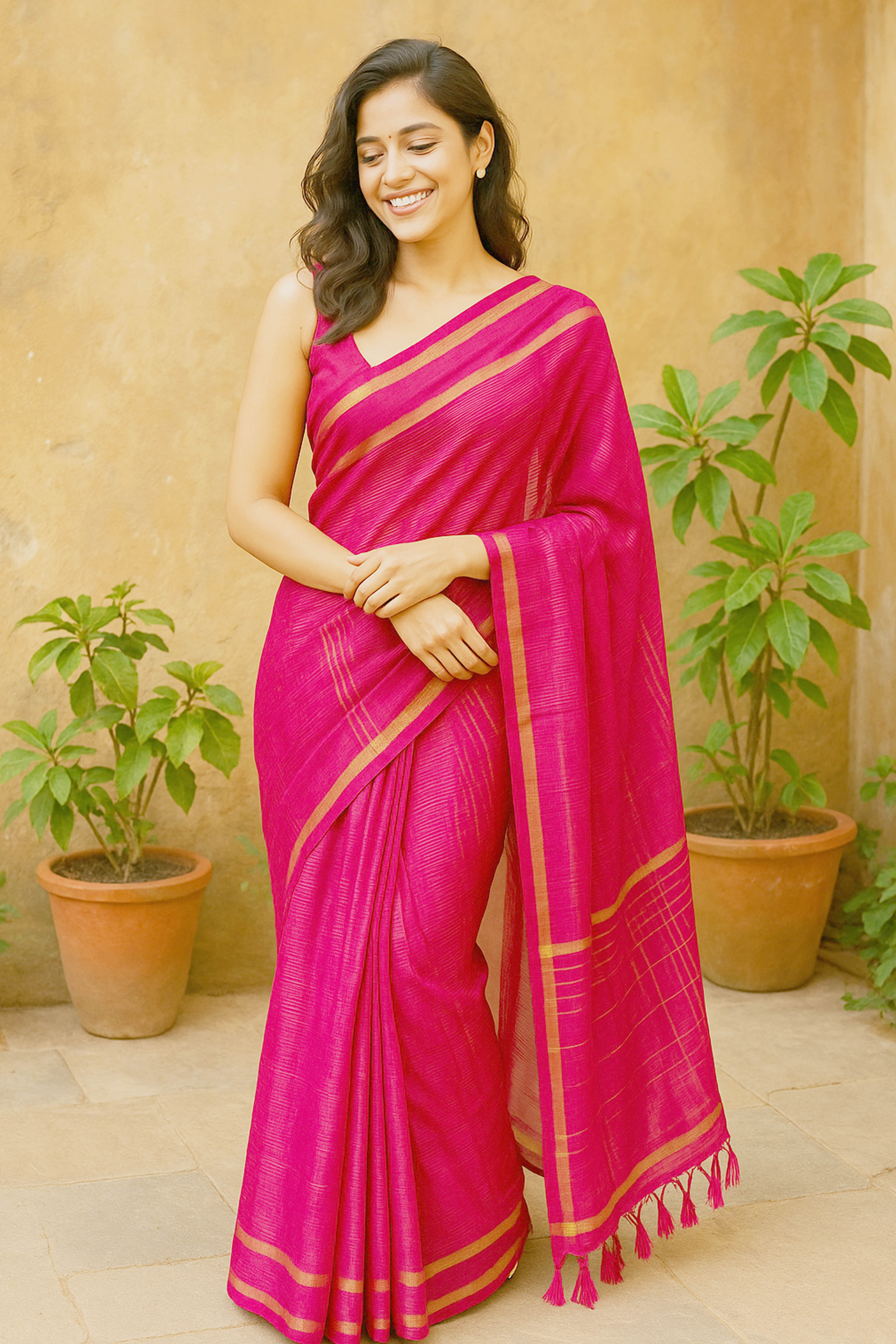 Rani Pink Saree with Golden Border & Checks Pallu - Indian Handloomz