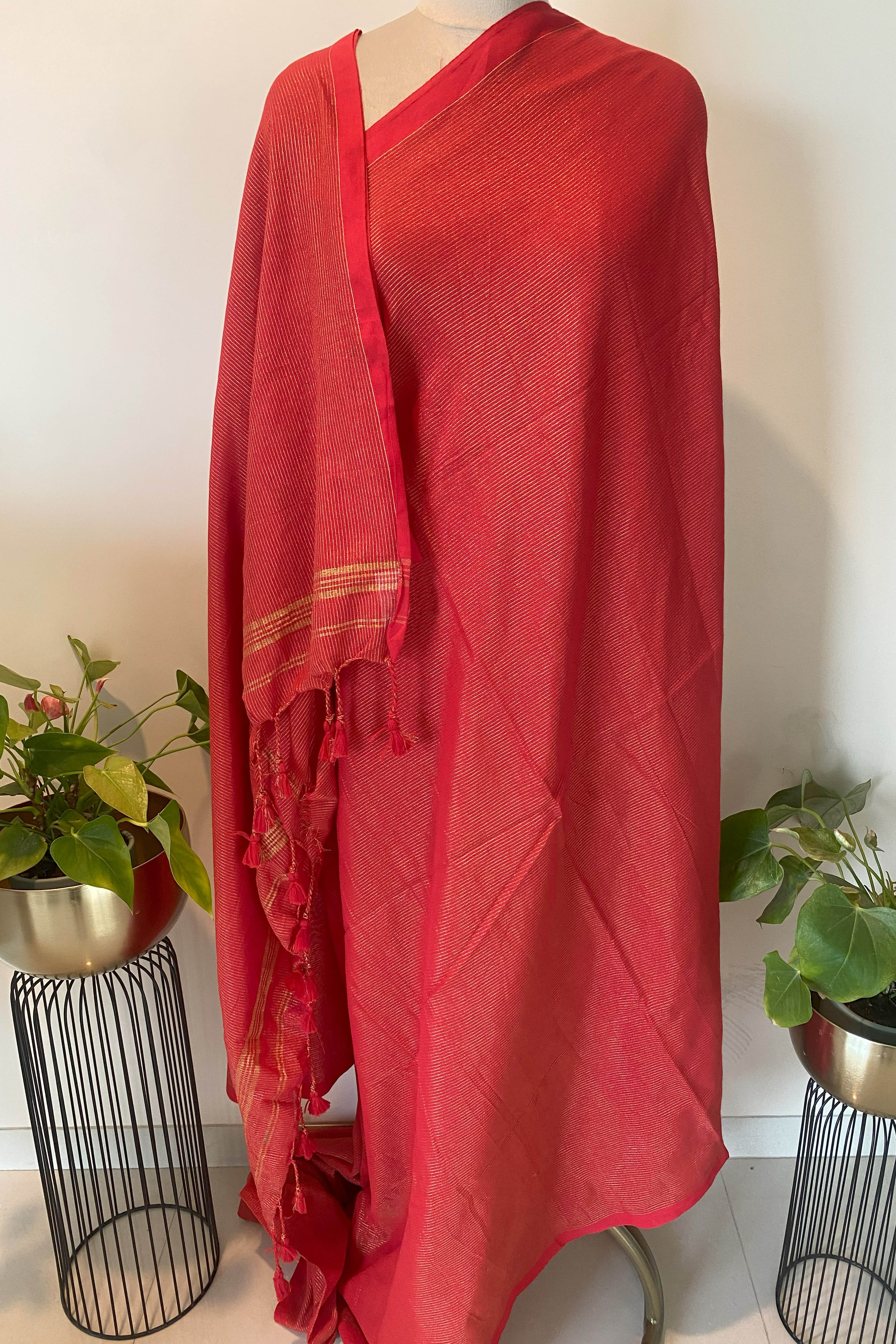 Red Cotton Saree with Golden Zari Lines - Indian Handloomz