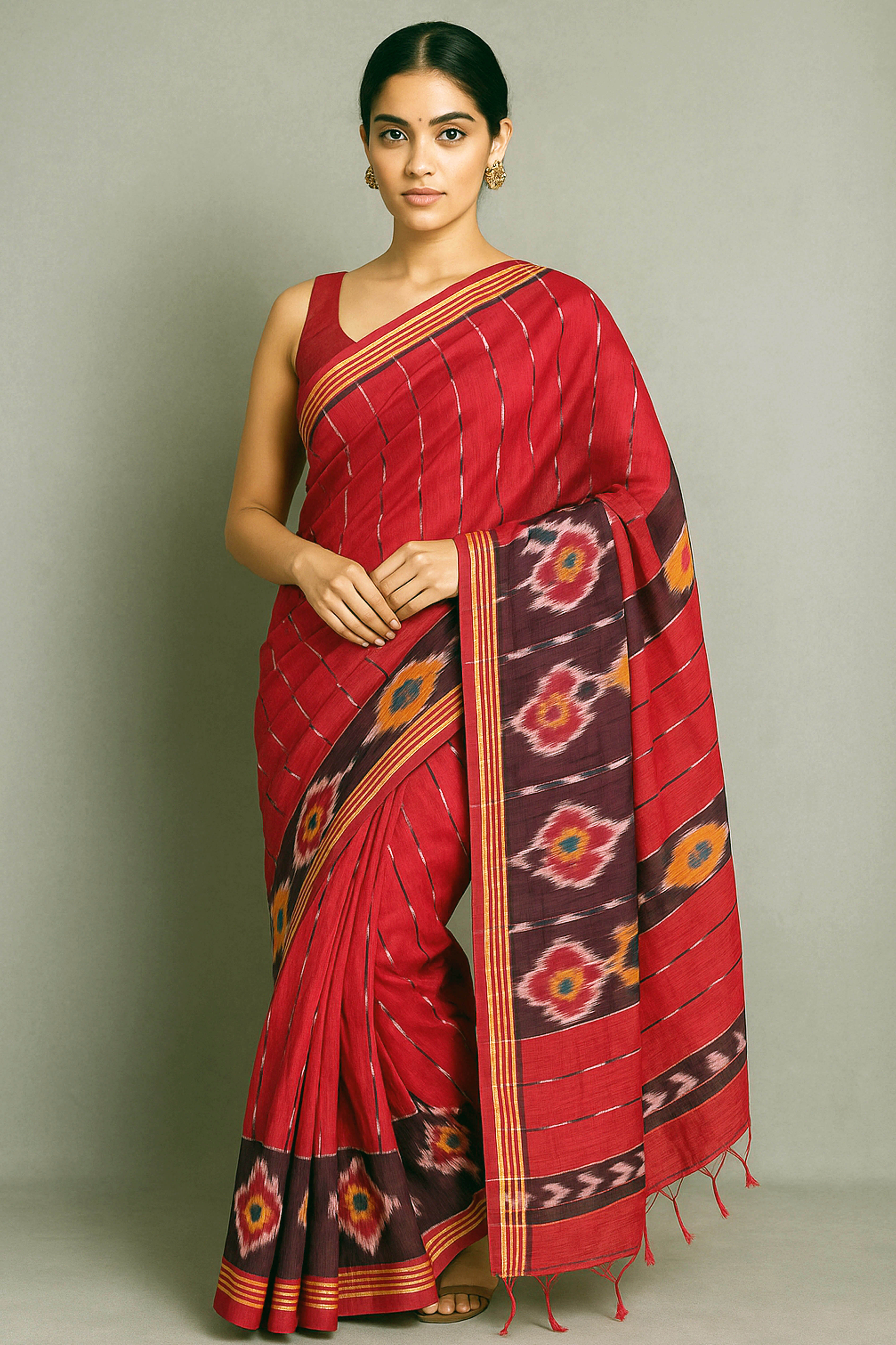 Red Jamdani Cotton Ikkat Saree - Indian Handloomz