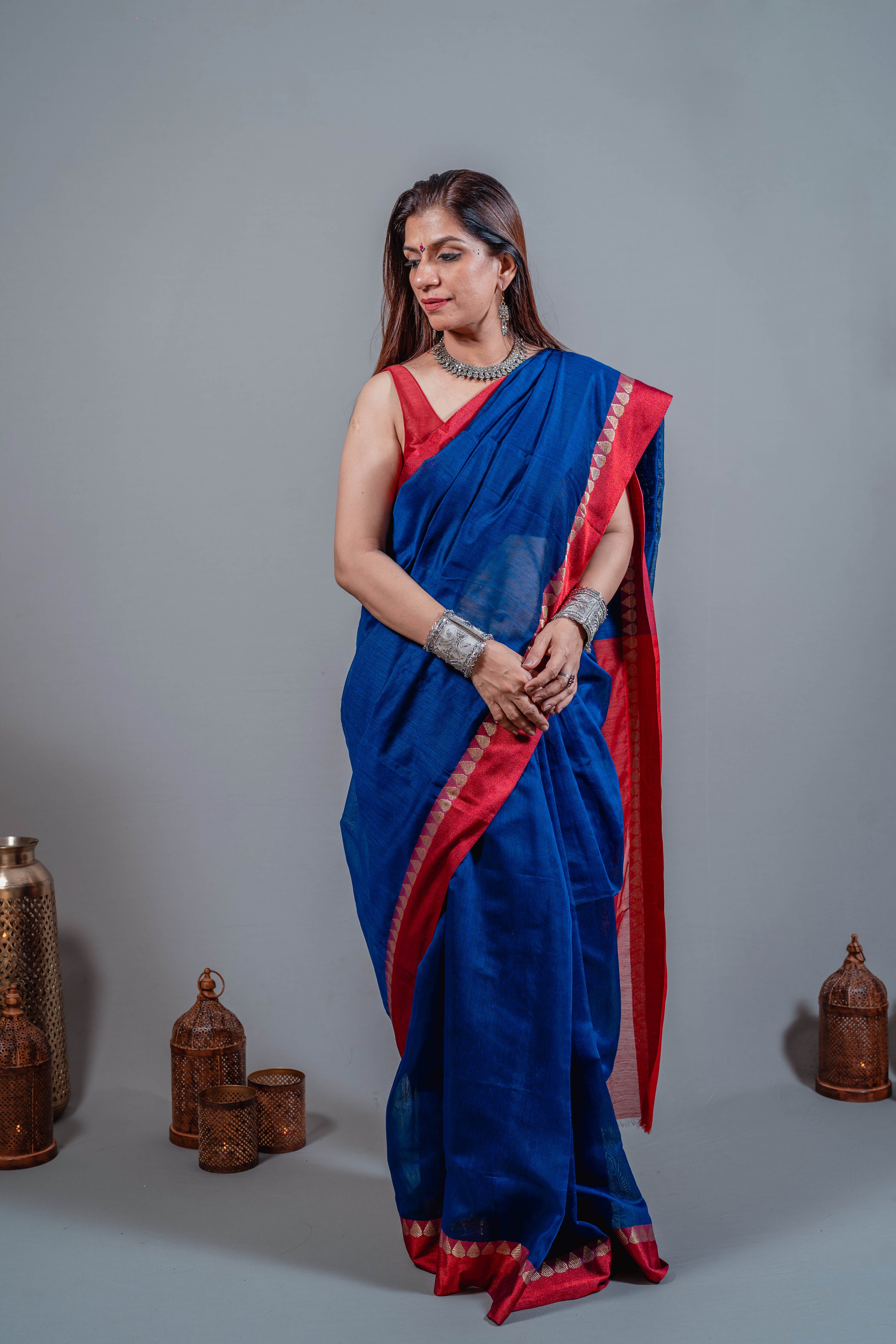 Ojal Sumptuous Blended Cotton Silk Saree in Rich Sapphire Blue Body, Accented with Striking Crimson Anchal