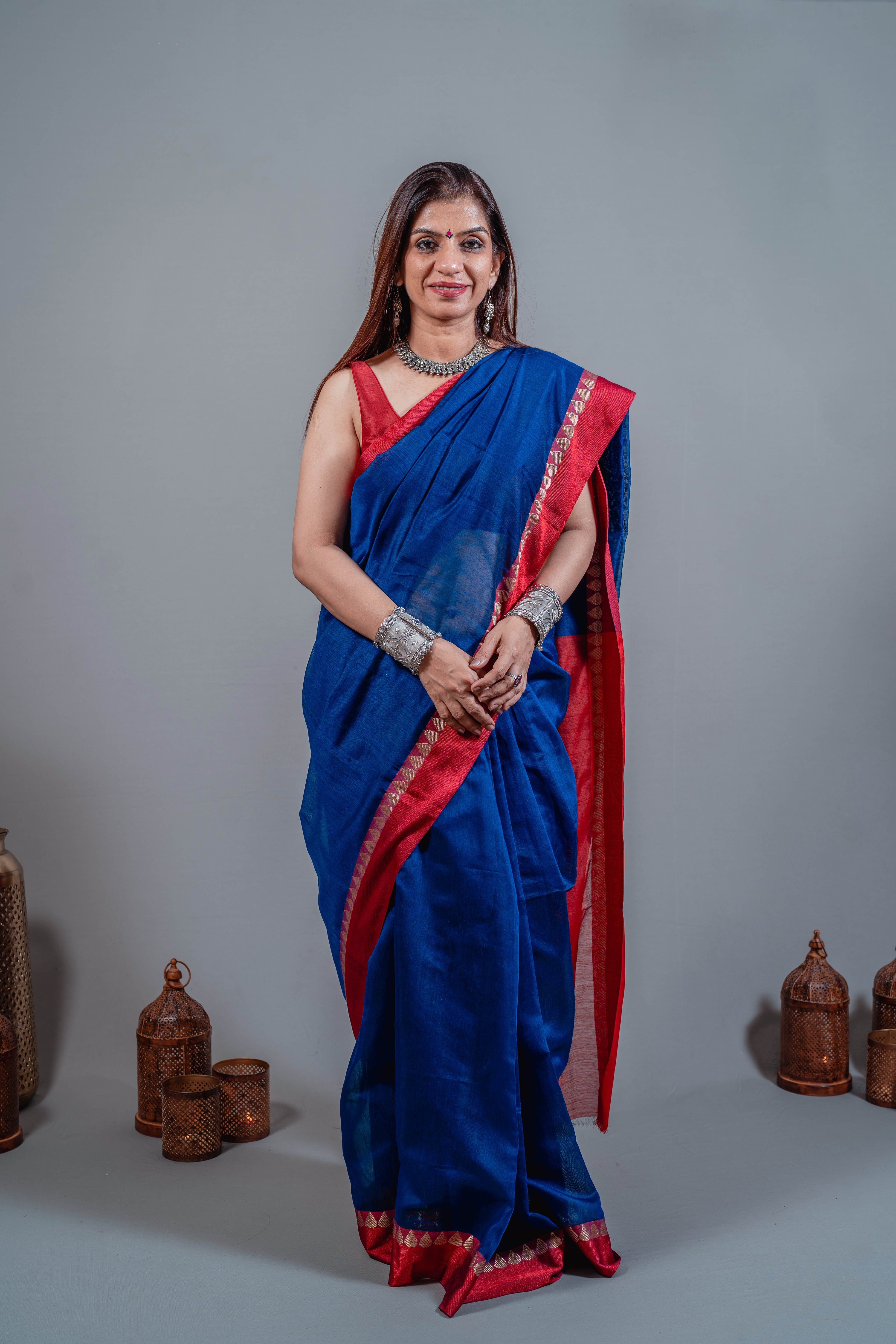 Ojal Sumptuous Blended Cotton Silk Saree in Rich Sapphire Blue Body, Accented with Striking Crimson Anchal