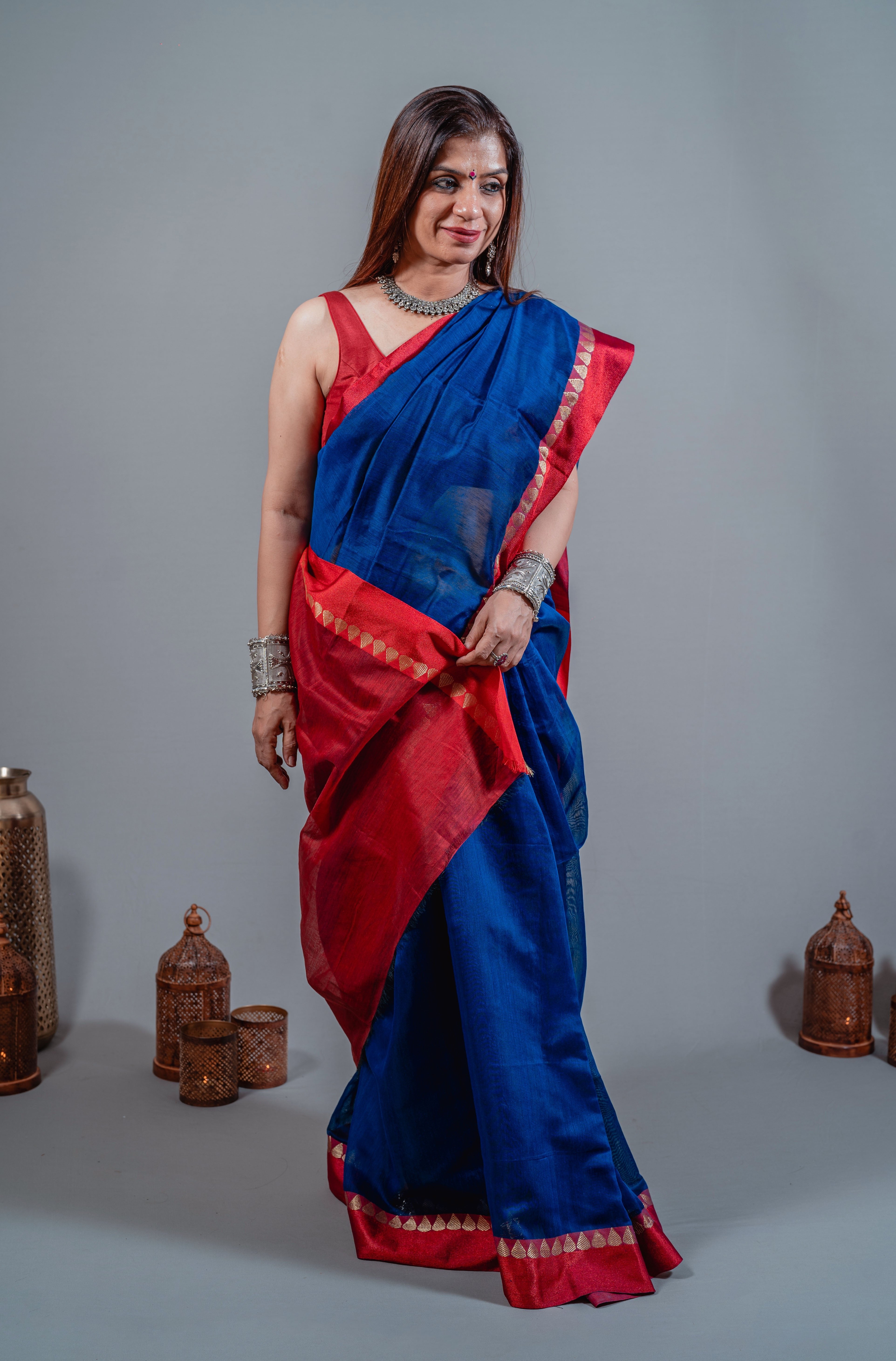 Ojal Sumptuous Blended Cotton Silk Saree in Rich Sapphire Blue Body, Accented with Striking Crimson Anchal