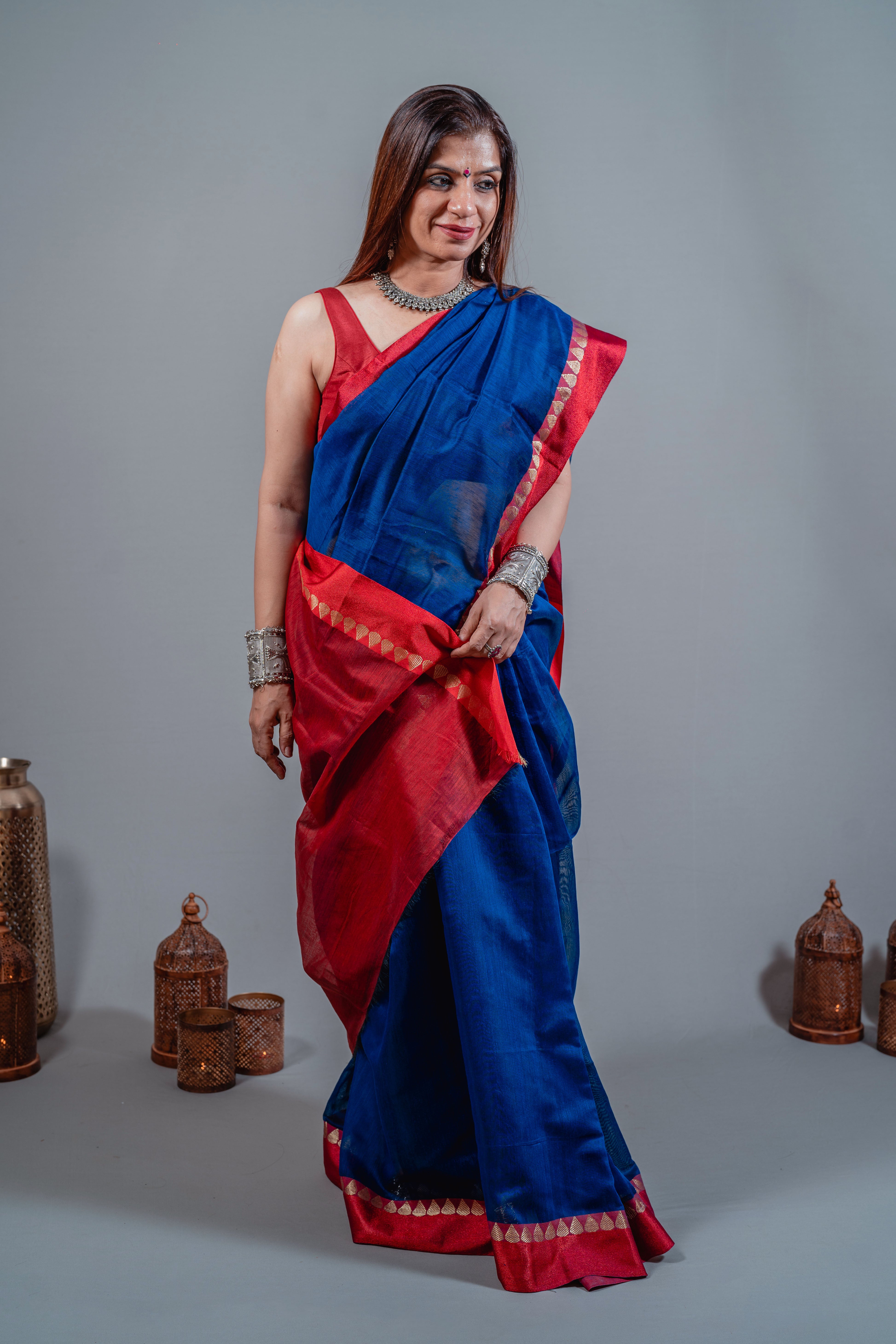 Ojal Sumptuous Blended Cotton Silk Saree in Rich Sapphire Blue Body, Accented with Striking Crimson Anchal