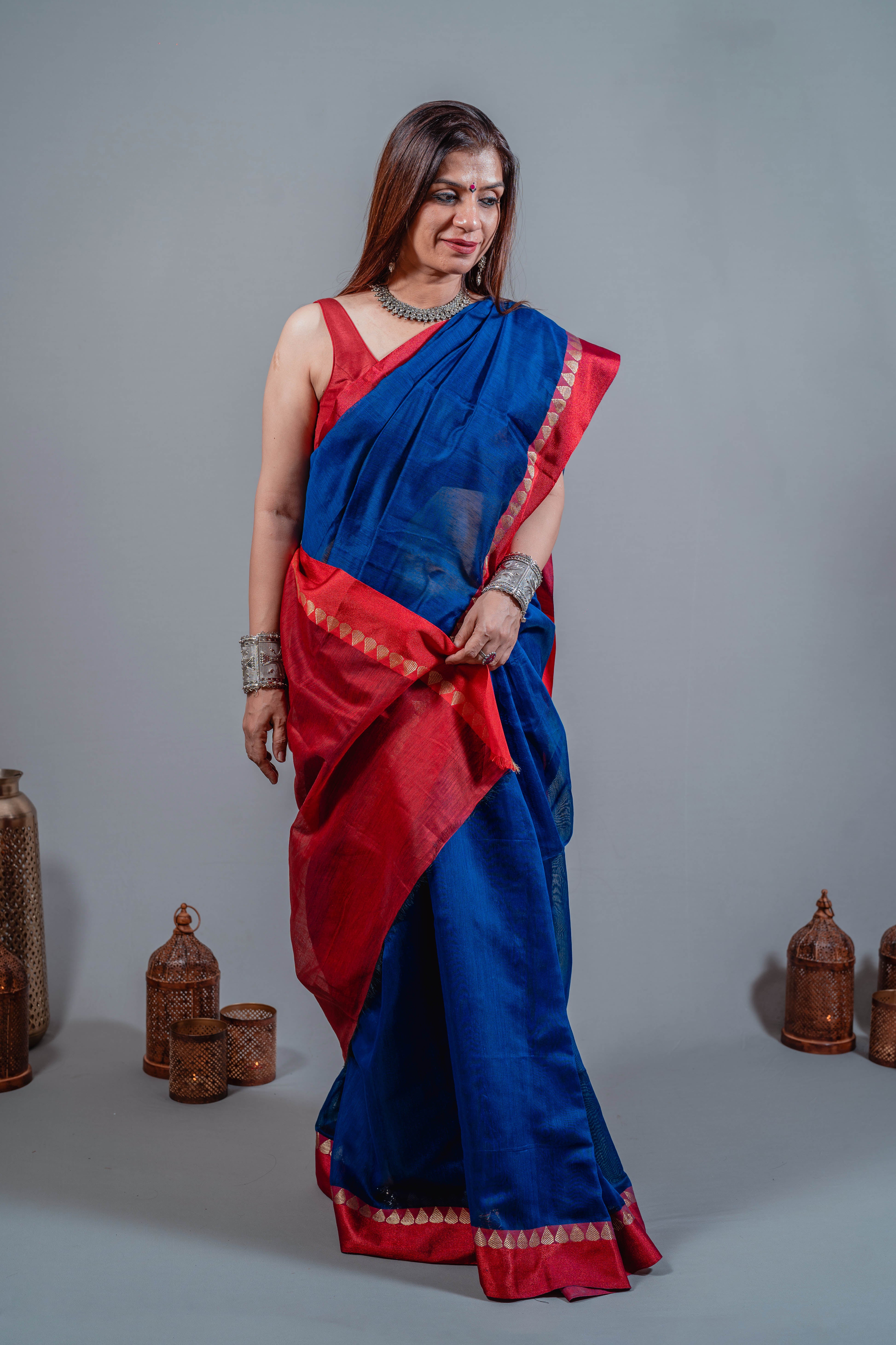 Ojal Sumptuous Blended Cotton Silk Saree in Rich Sapphire Blue Body, Accented with Striking Crimson Anchal