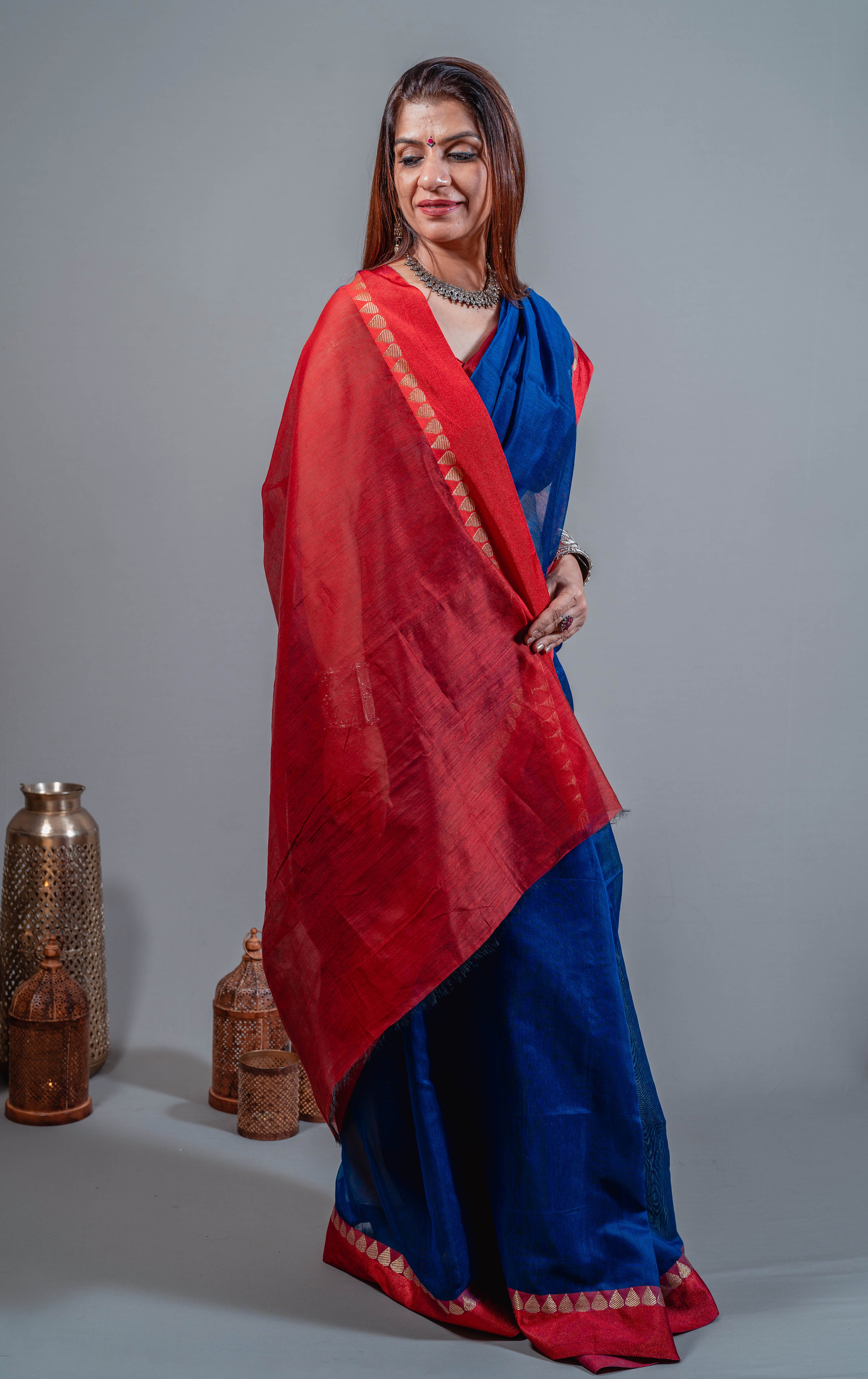 Ojal Sumptuous Blended Cotton Silk Saree in Rich Sapphire Blue Body, Accented with Striking Crimson Anchal