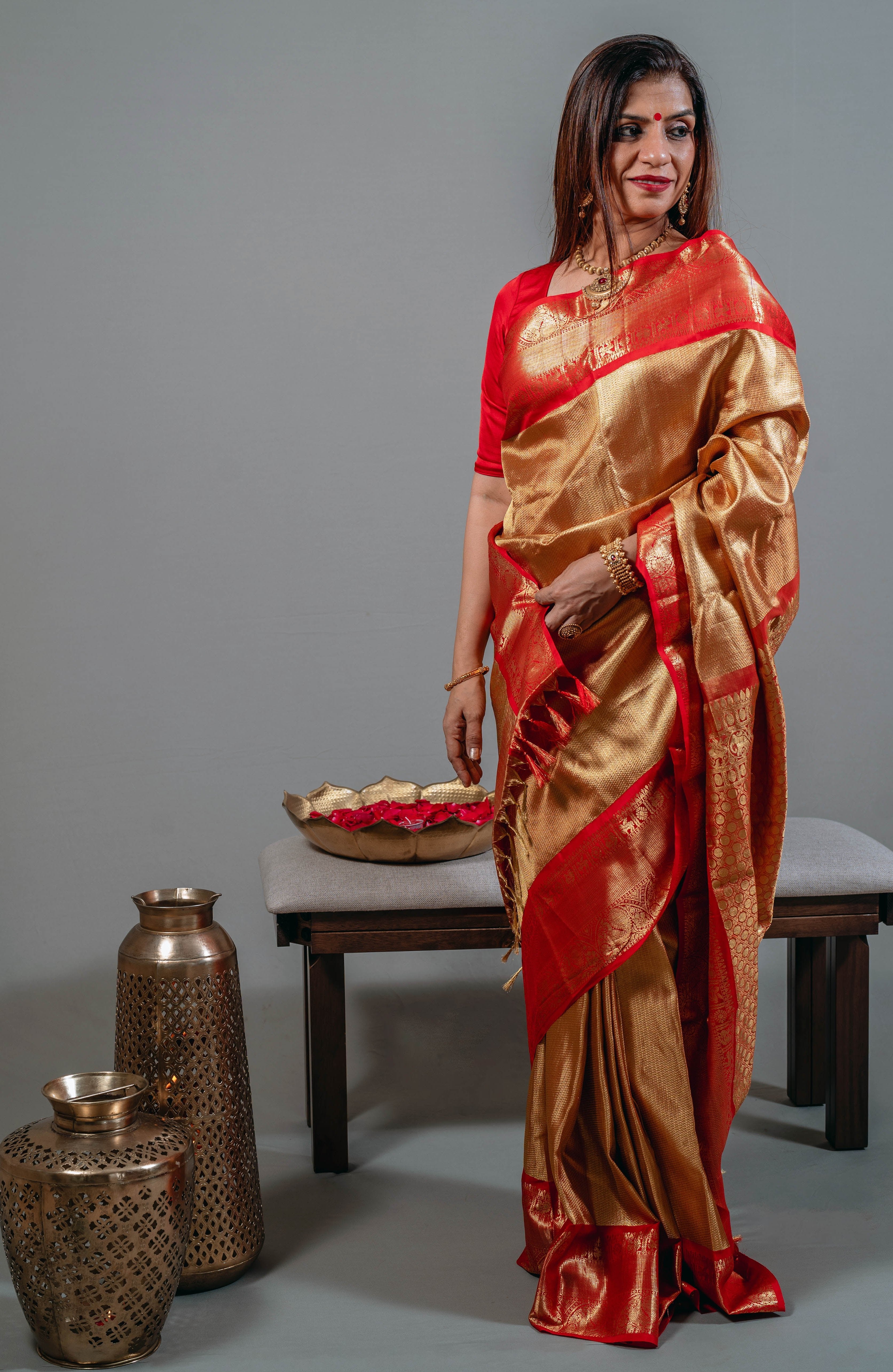 Ambika Bridal Kanchi Silk Saree in Bright Gold with Kumkum Red Border & Animal Motifs