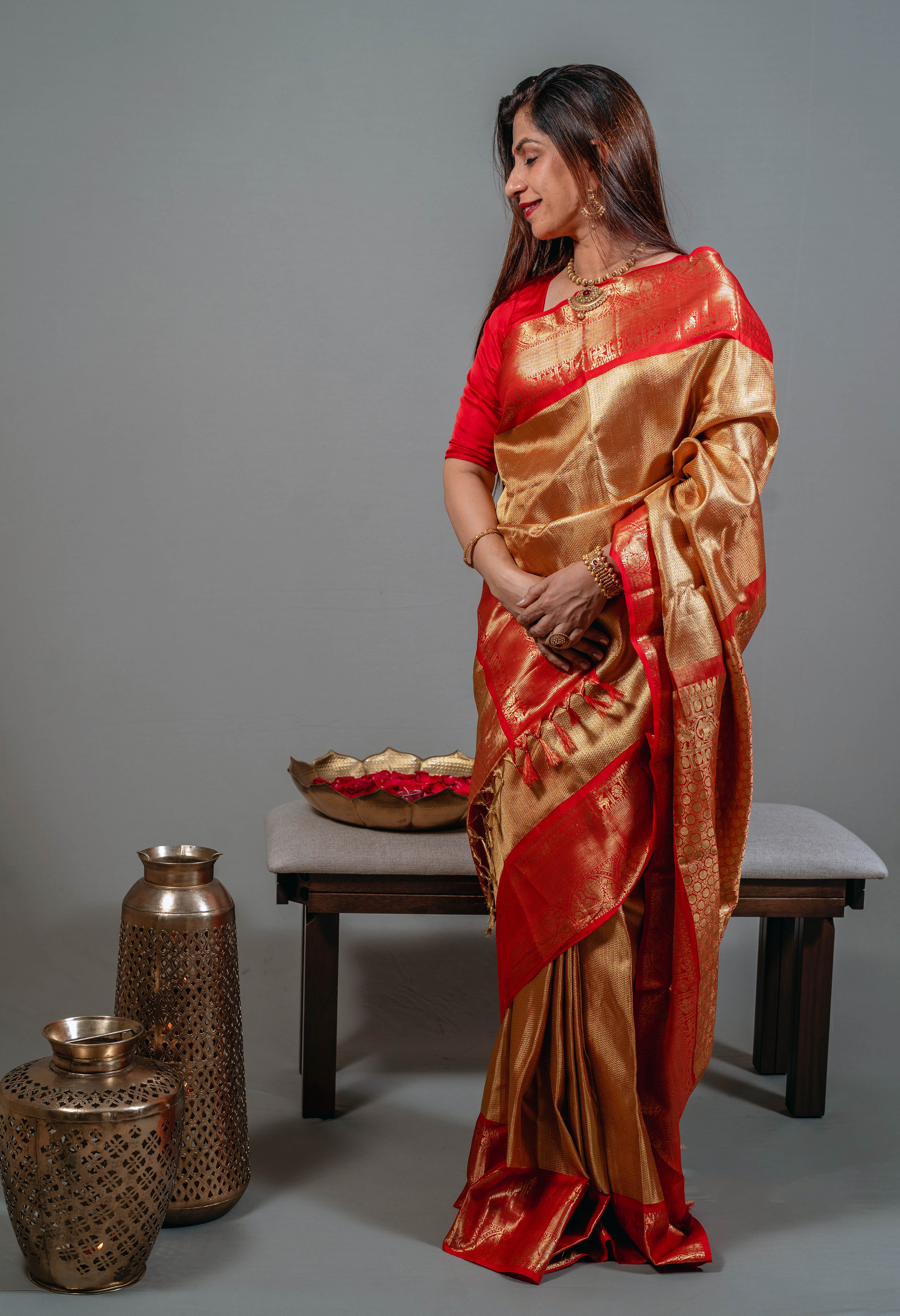 Ambika Bridal Kanchi Silk Saree in Bright Gold with Kumkum Red Border & Animal Motifs