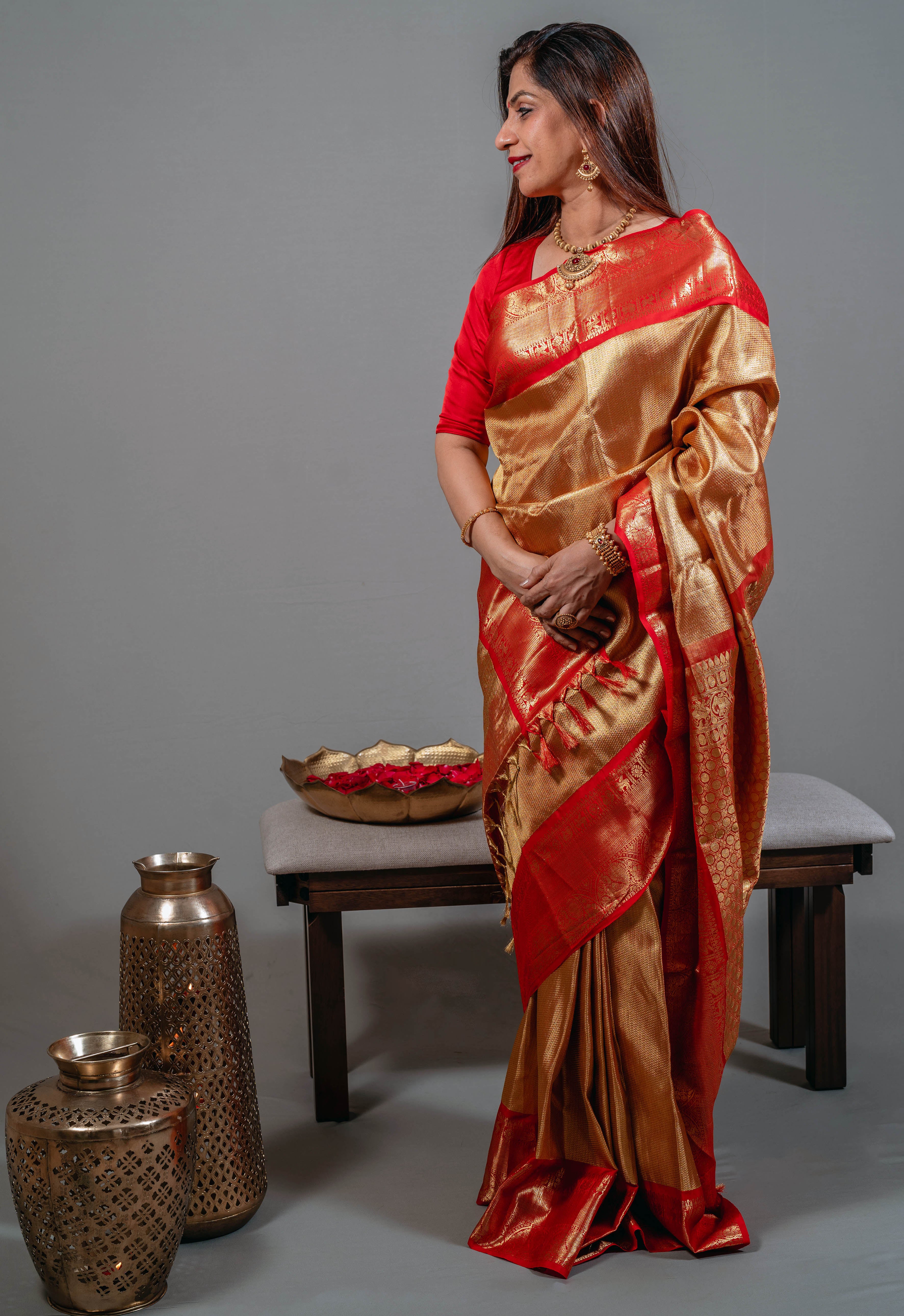 Ambika Bridal Kanchi Silk Saree in Bright Gold with Kumkum Red Border & Animal Motifs