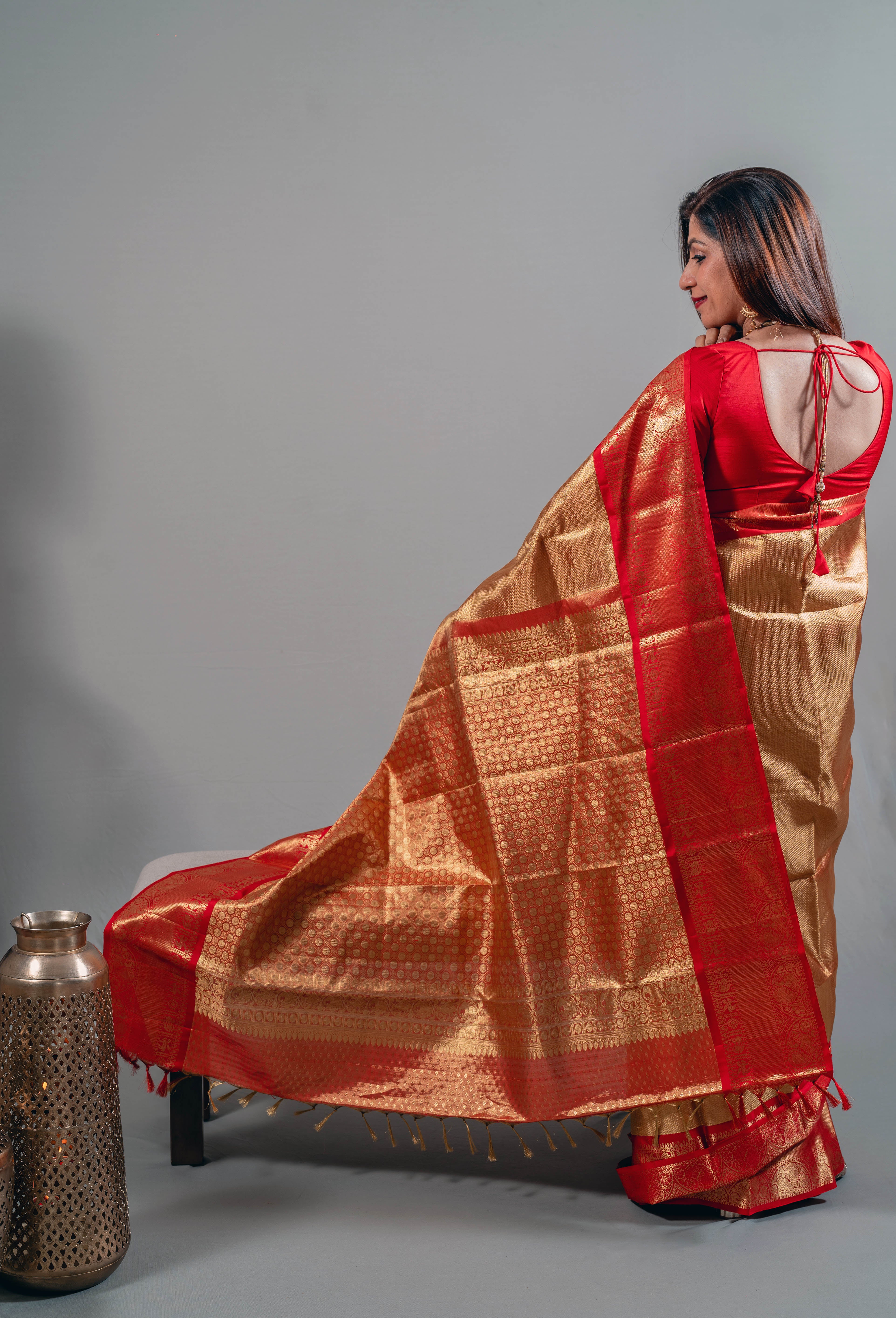 Ambika Bridal Kanchi Silk Saree in Bright Gold with Kumkum Red Border & Animal Motifs