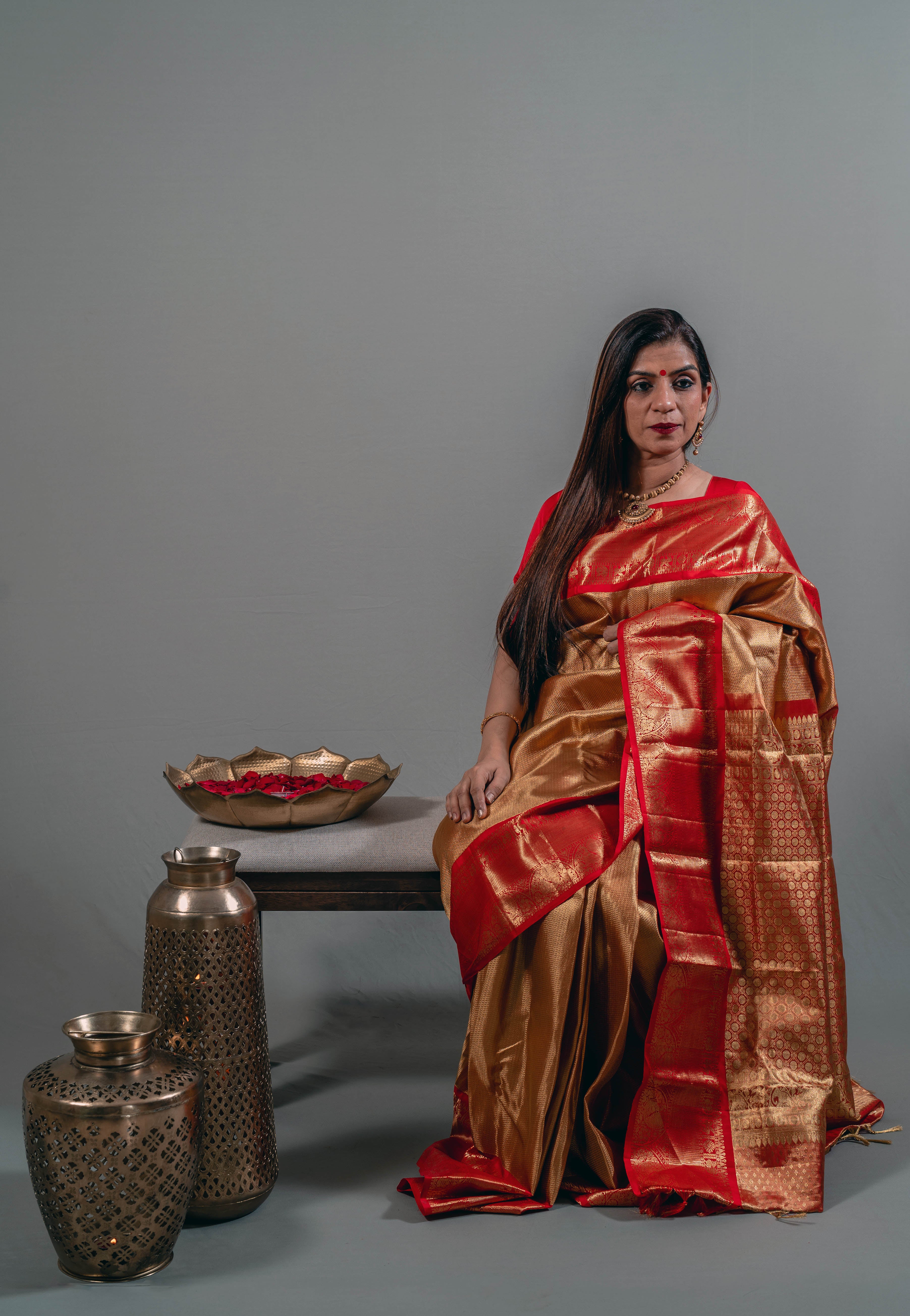 Ambika Bridal Kanchi Silk Saree in Bright Gold with Kumkum Red Border & Animal Motifs