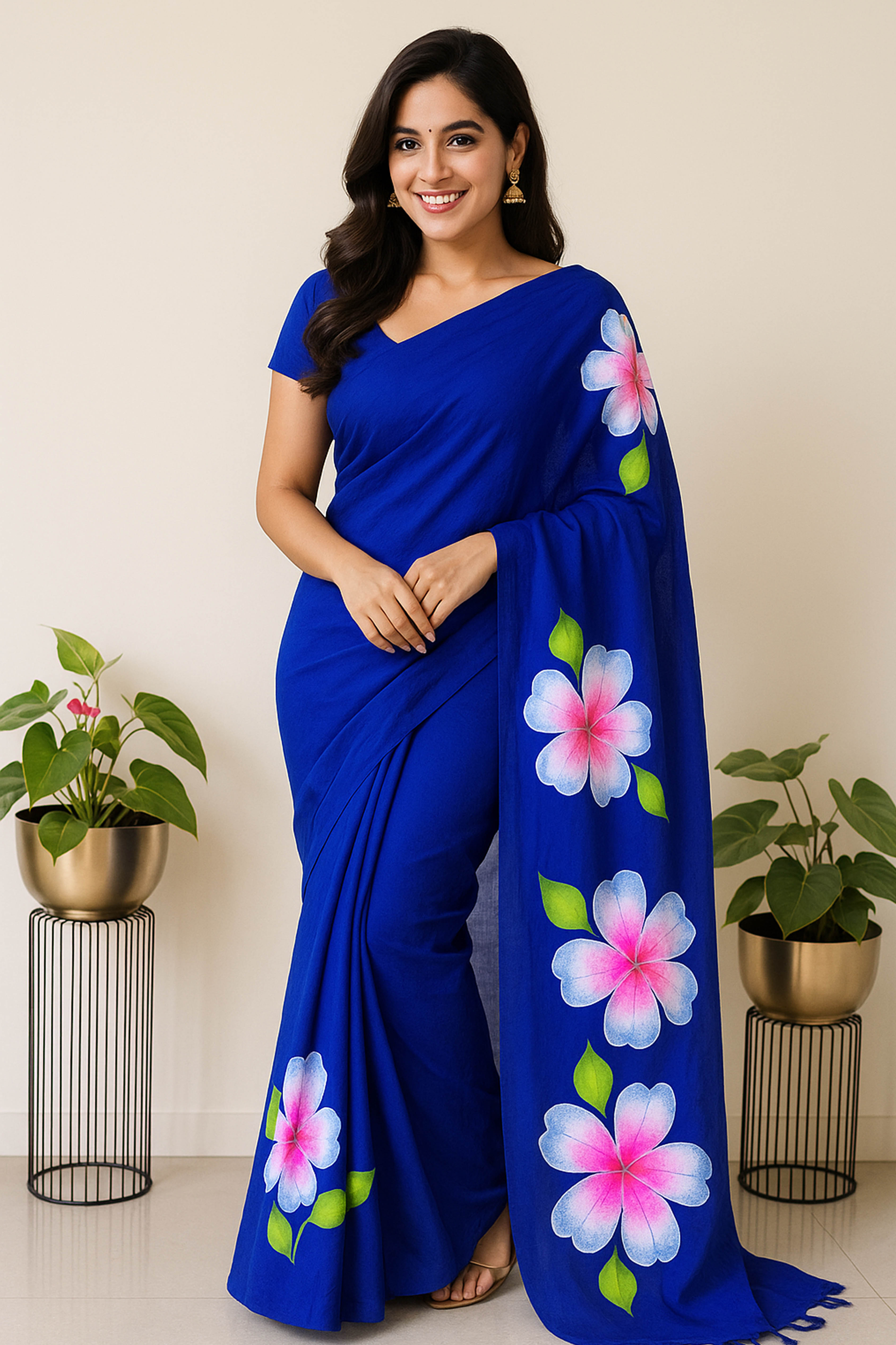 Royal Blue Cotton Hand Painted Saree - Indian Handloomz