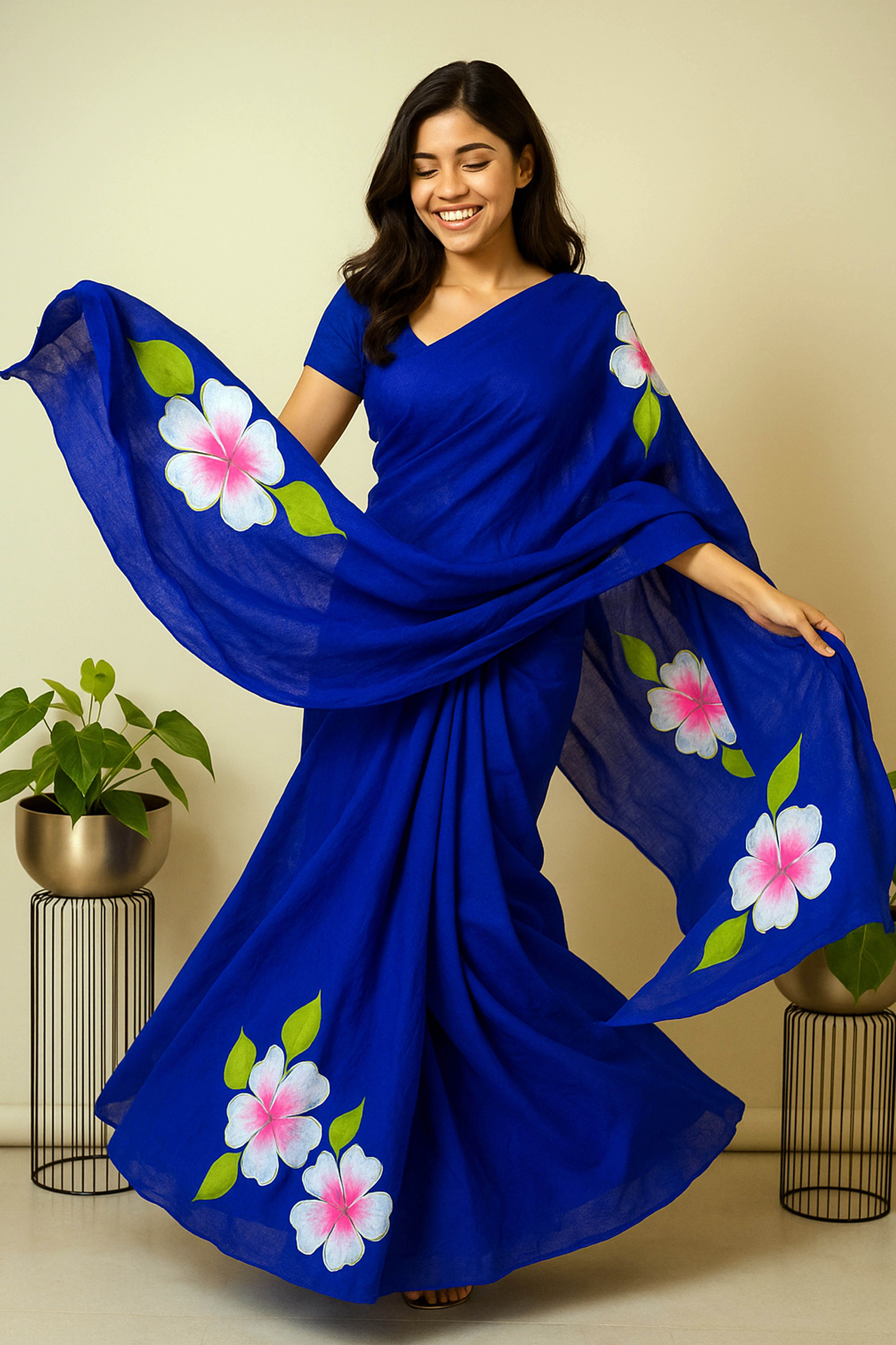 Royal Blue Cotton Hand Painted Saree - Indian Handloomz