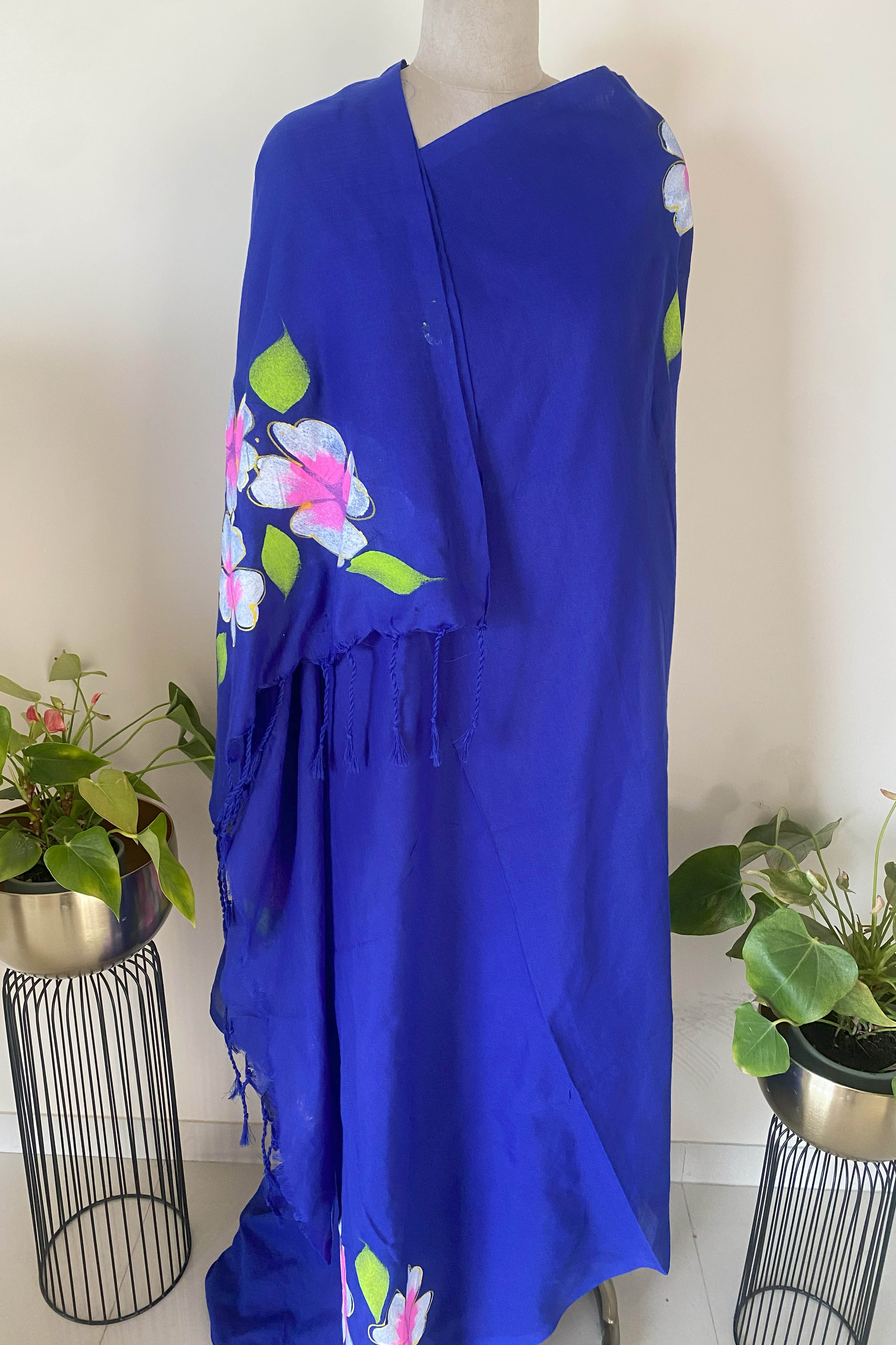 Royal Blue Cotton Hand Painted Saree - Indian Handloomz