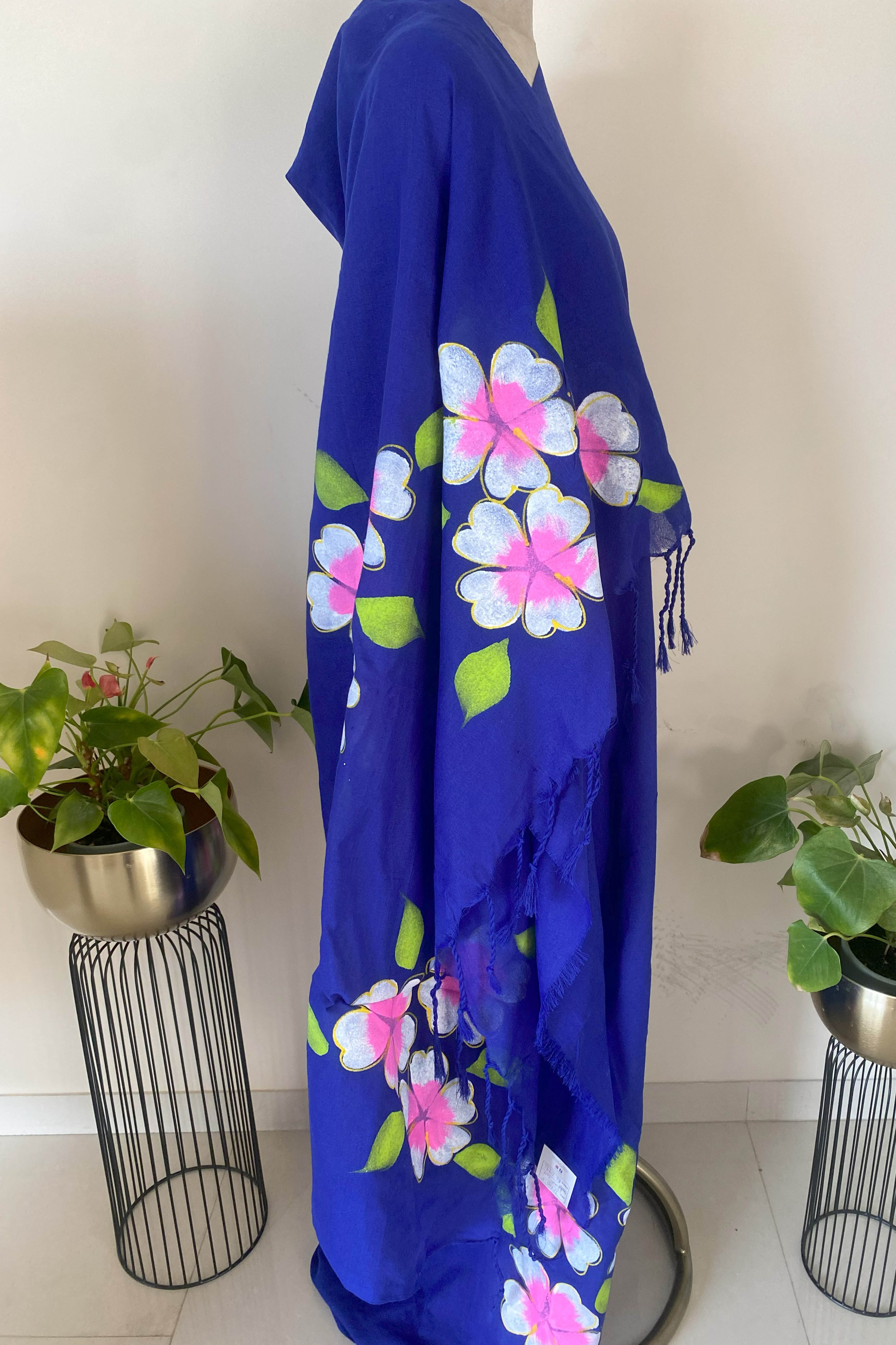 Royal Blue Cotton Hand Painted Saree - Indian Handloomz
