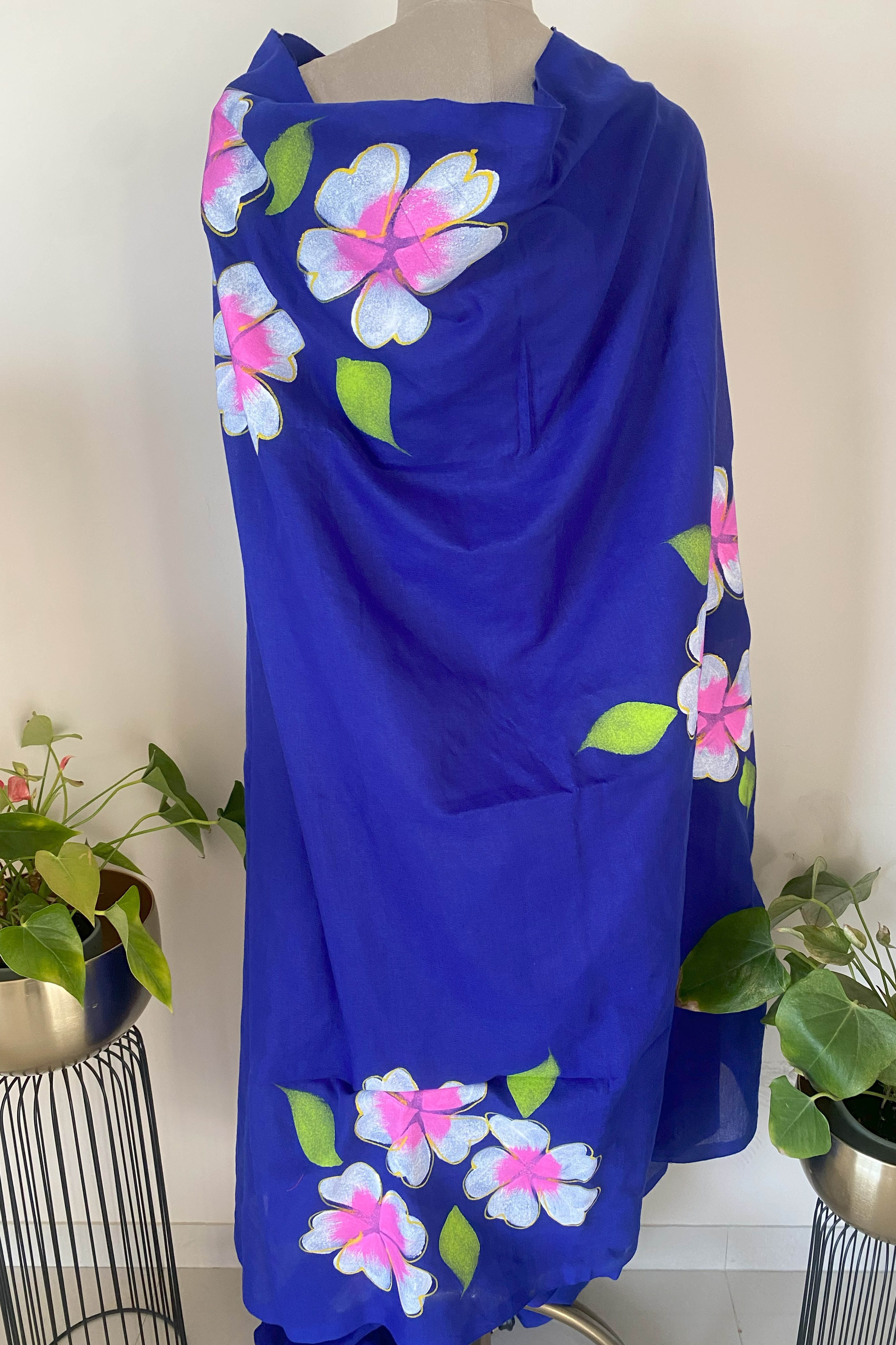 Royal Blue Cotton Hand Painted Saree - Indian Handloomz