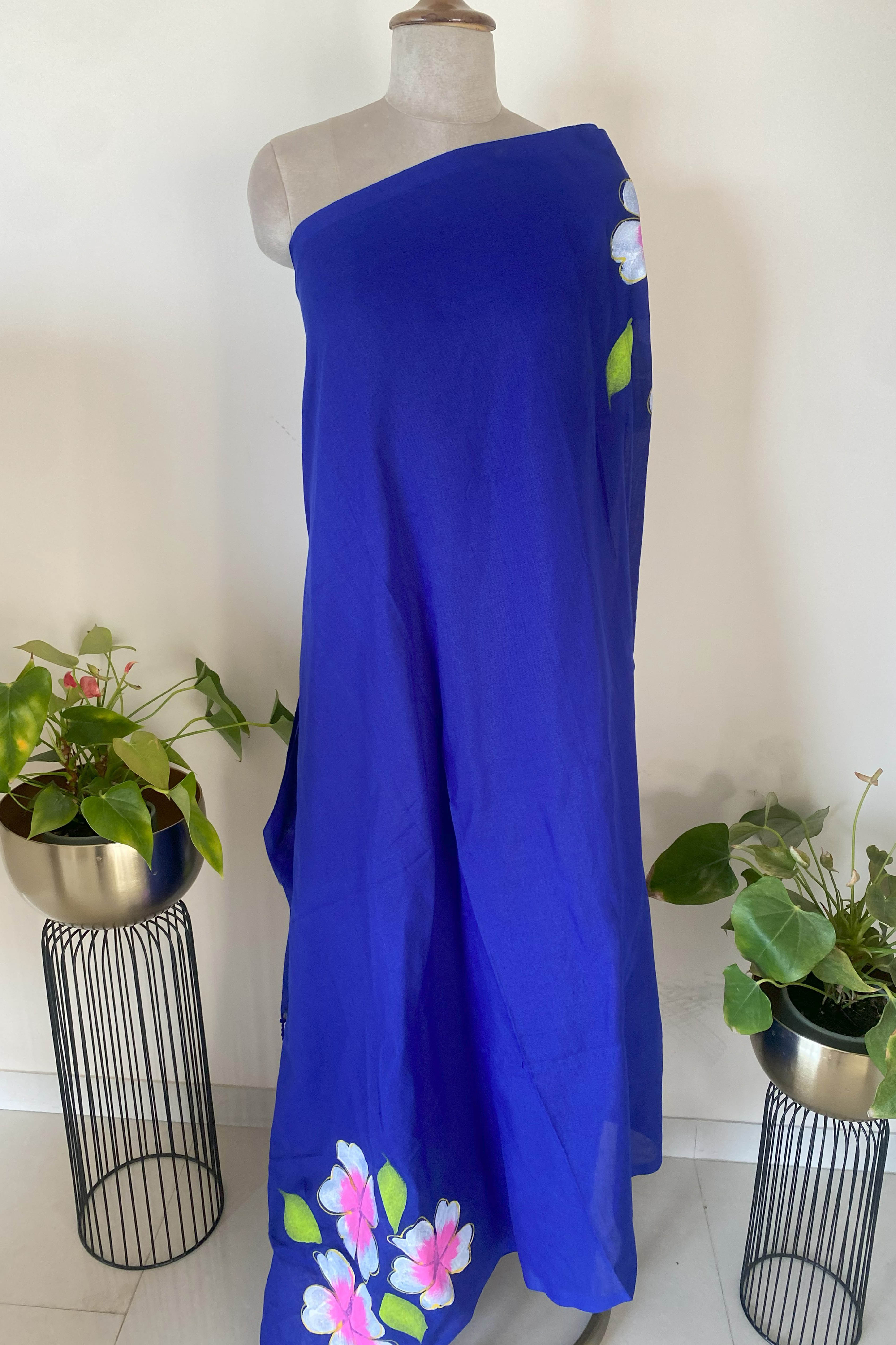 Royal Blue Cotton Hand Painted Saree - Indian Handloomz