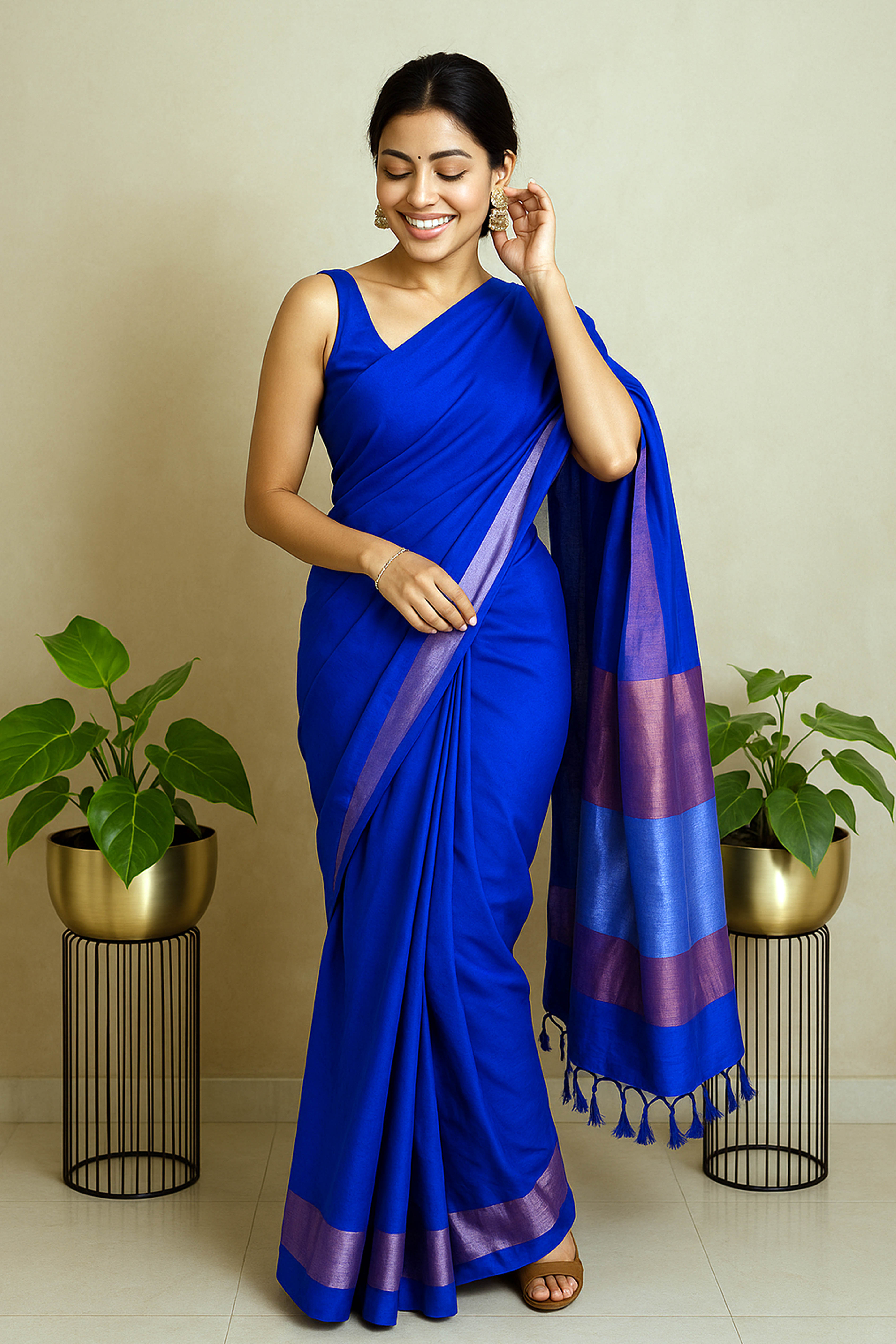 Royal Blue Cotton Saree with Zari Pallu - Indian Handloomz