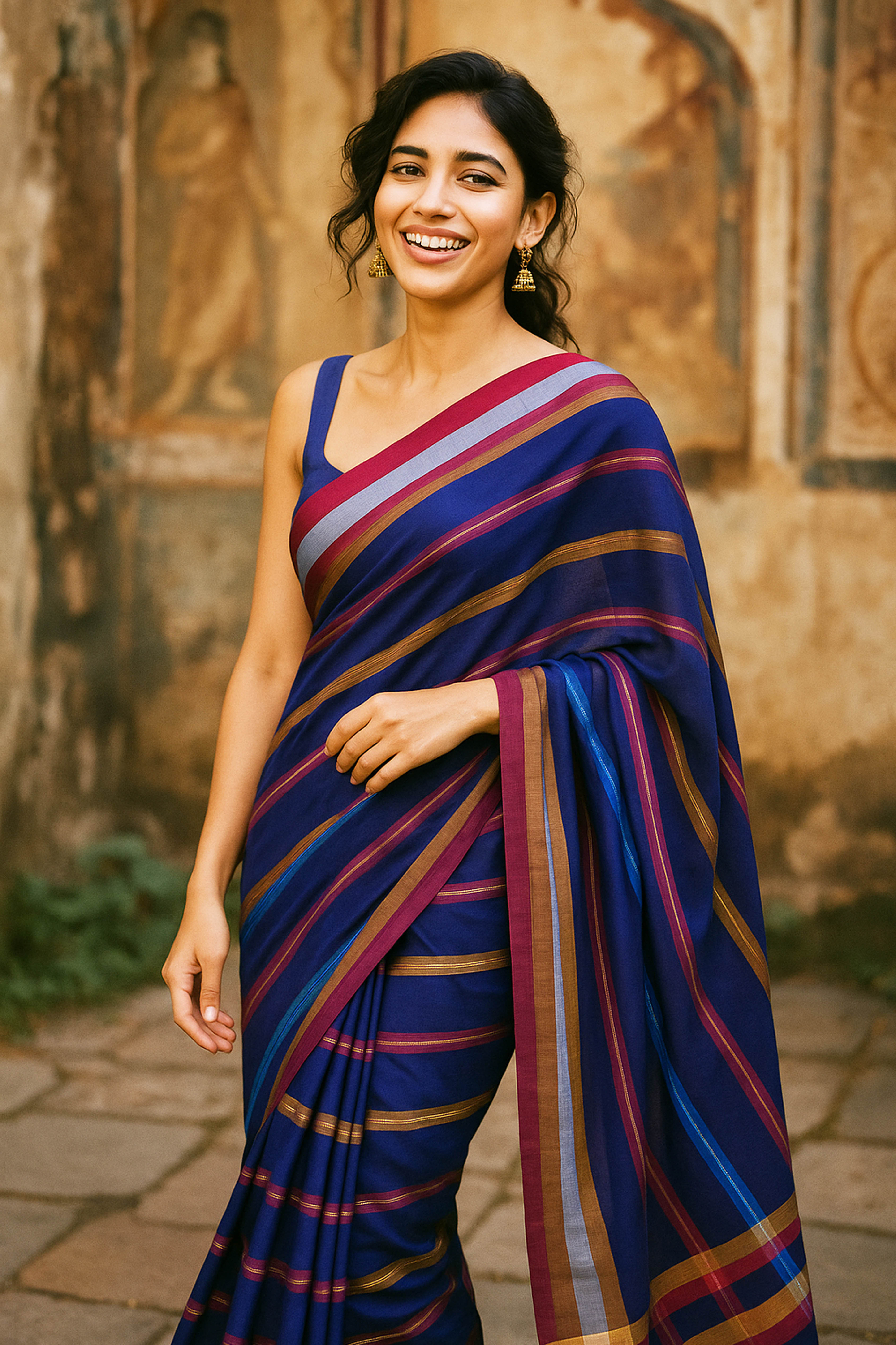 Royal Blue Jamdani Mul Cotton Zari Striped Saree - Indian Handloomz