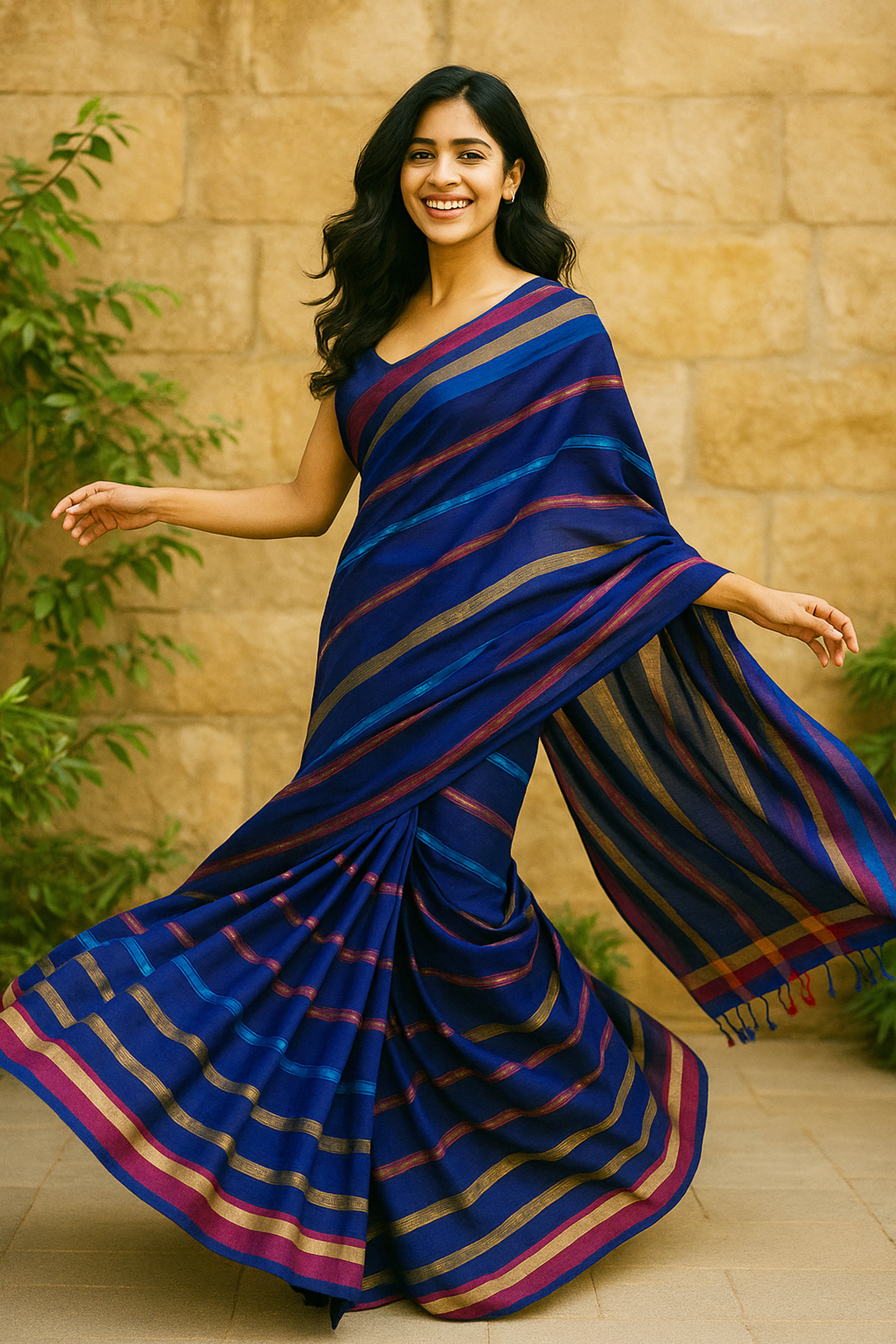 Royal Blue Jamdani Mul Cotton Zari Striped Saree - Indian Handloomz