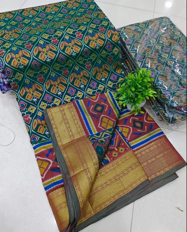 Aranya Elite & Rich Look Patola & Zig Zag Pattern Dual Tone Premium Dola Soft Silk Saree in Green & Maroon