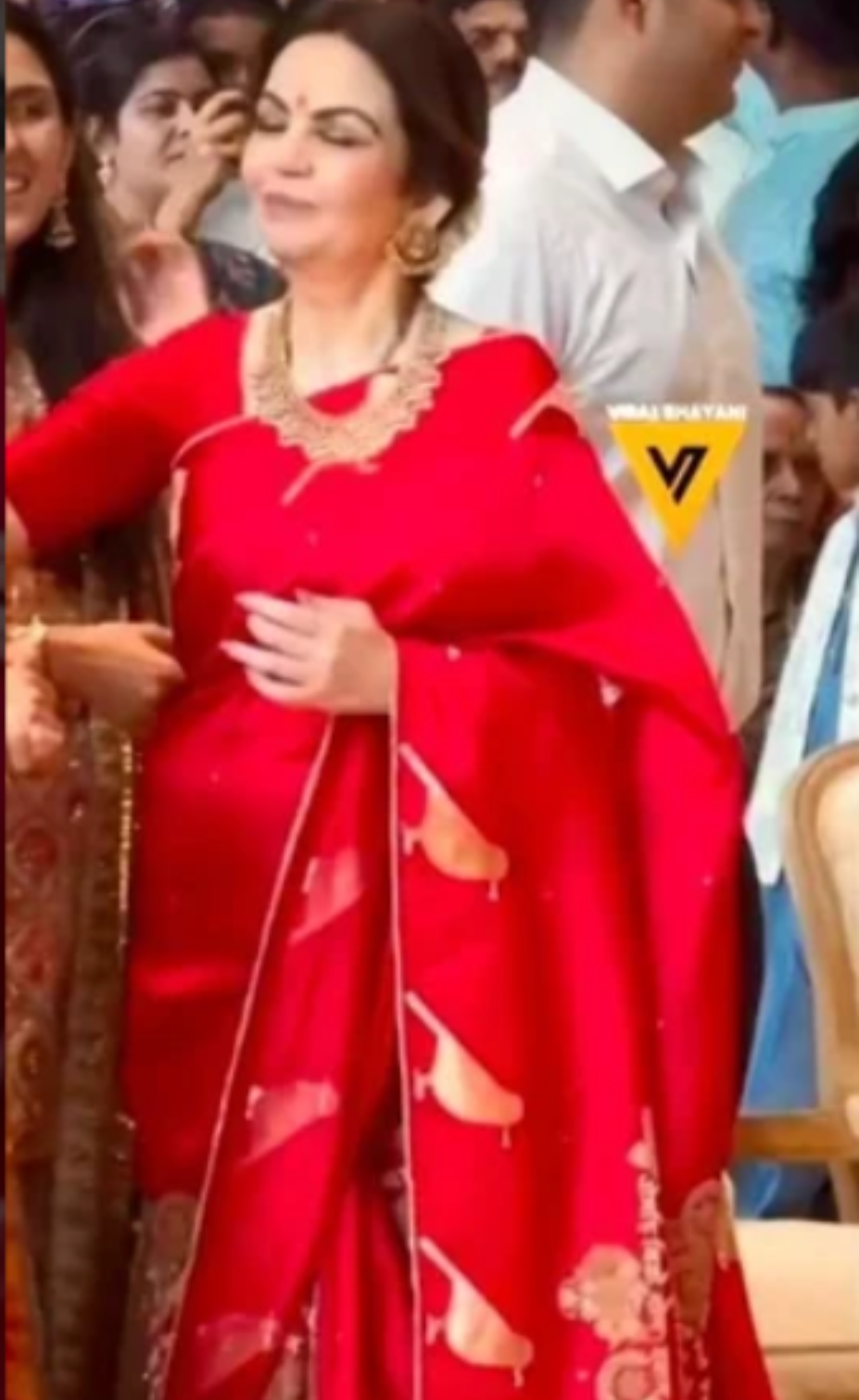 Nita Ambani Inspired Red Saree with Gayatri Mantra