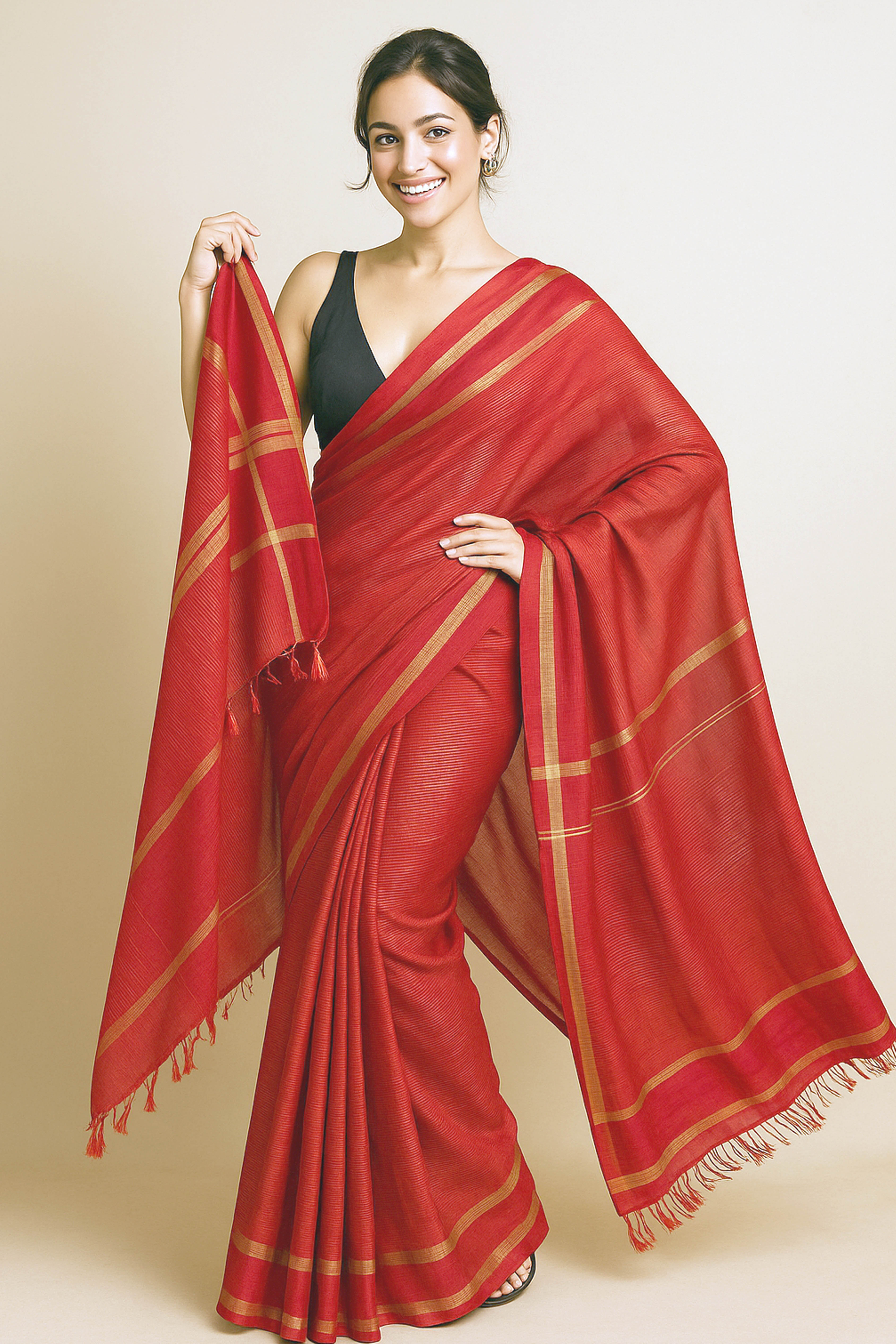 Shades of Red Saree with Golden Border & Checks Pallu - Indian Handloomz