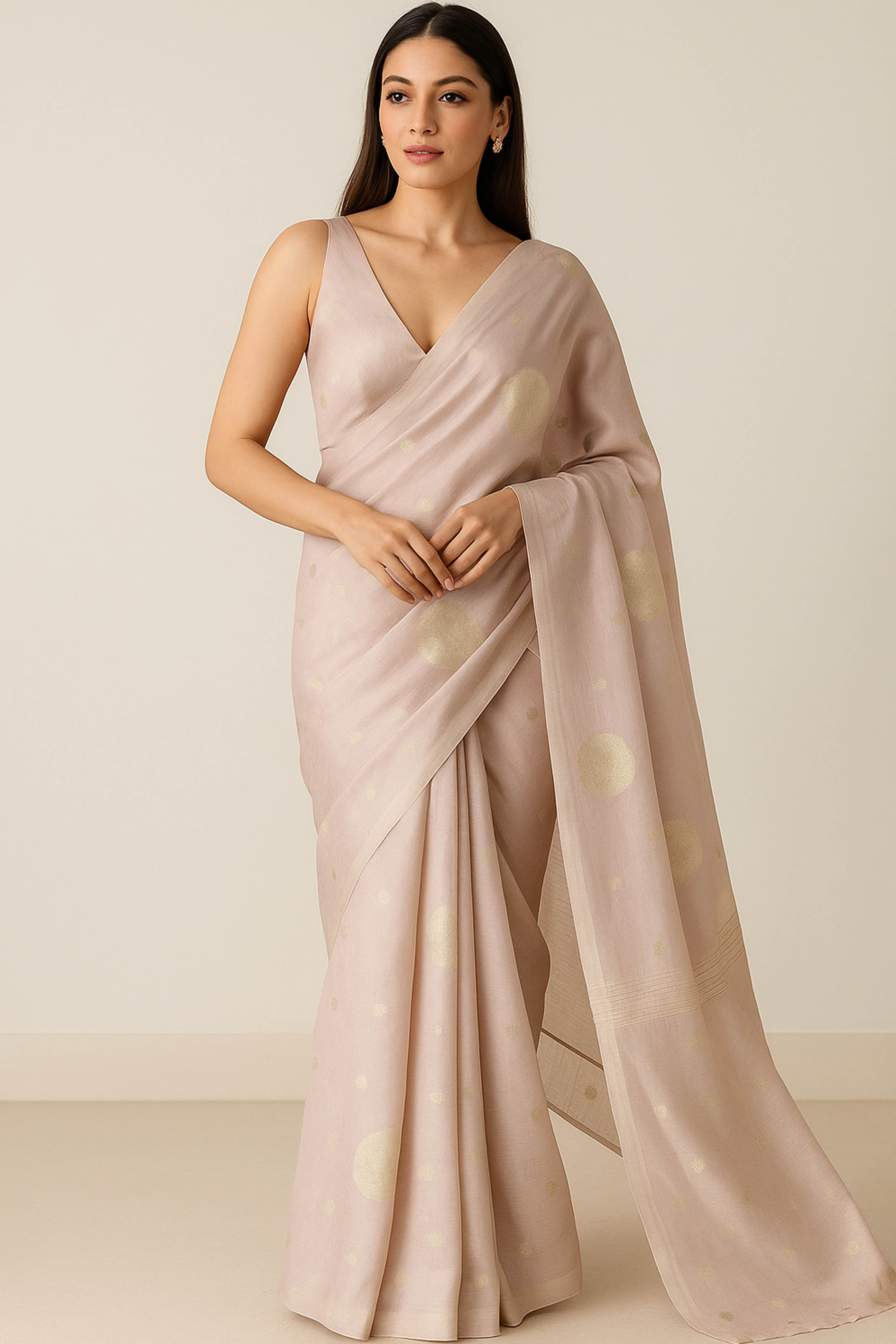 Soft Tissue Linen Saree with Zari in Peach Colour - Indian Handloomz