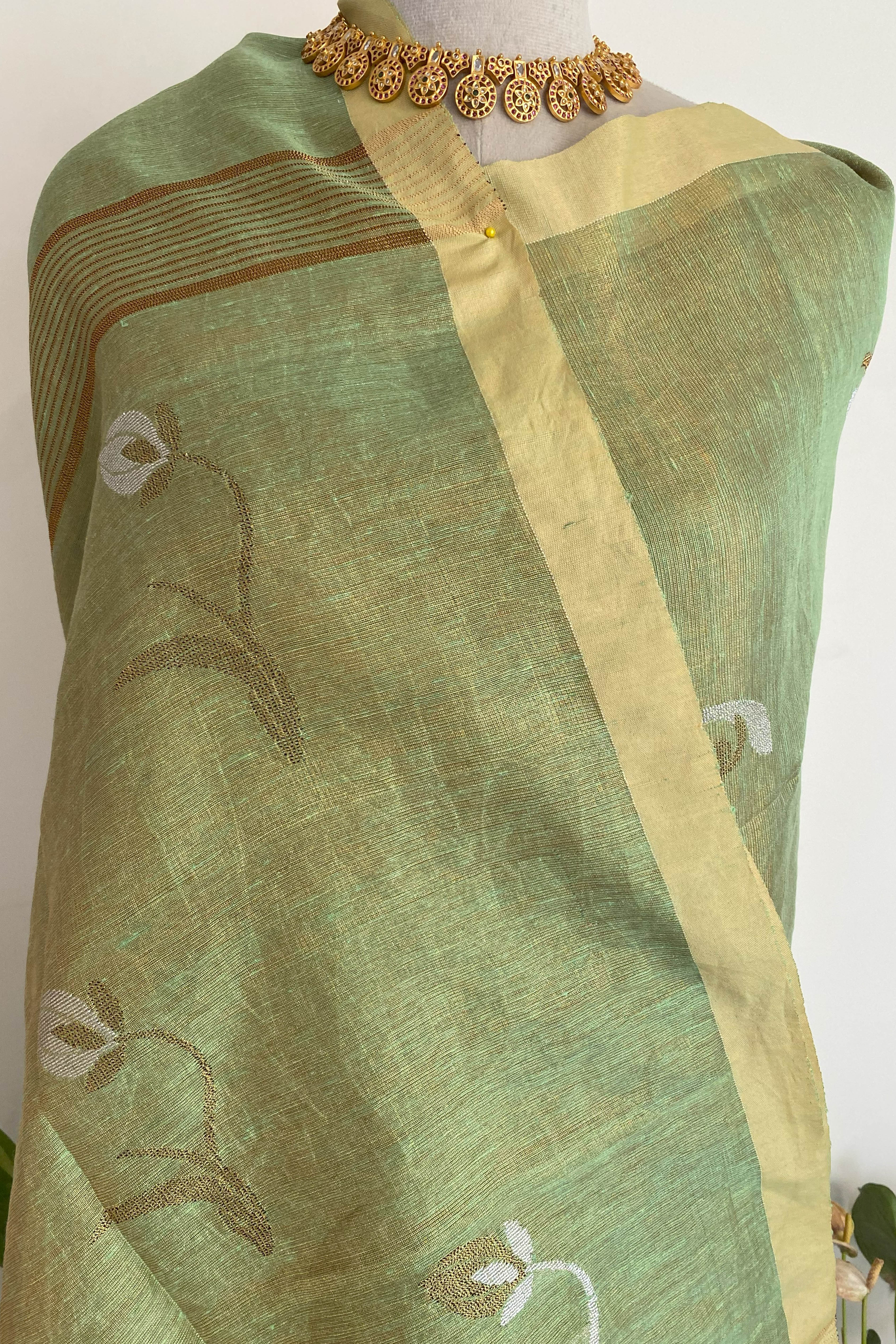 Suchi Tissue Linen Saree in Basil Green Colour & Yellow Border - Indian Handloomz