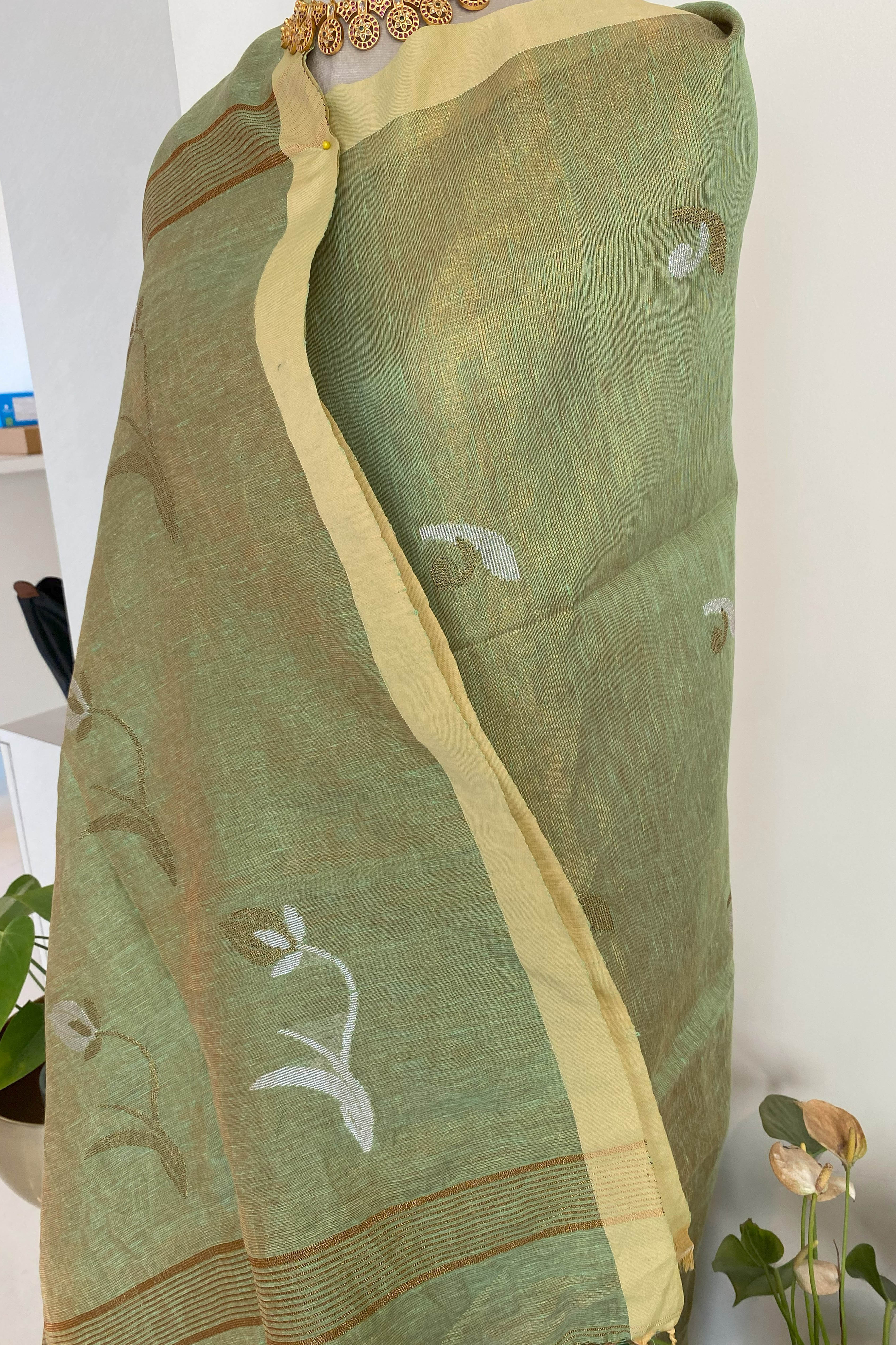 Suchi Tissue Linen Saree in Basil Green Colour & Yellow Border - Indian Handloomz
