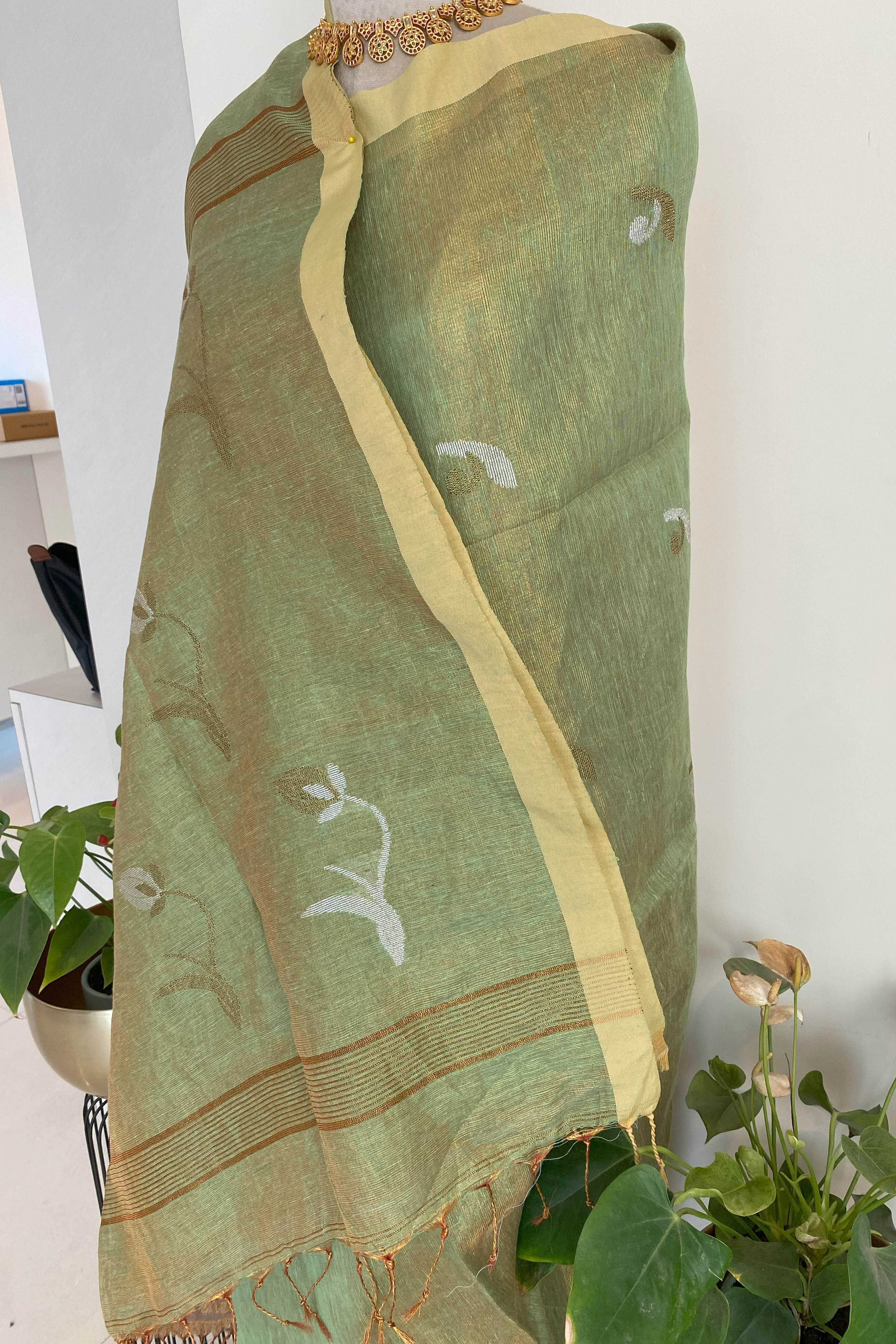 Suchi Tissue Linen Saree in Basil Green Colour & Yellow Border - Indian Handloomz