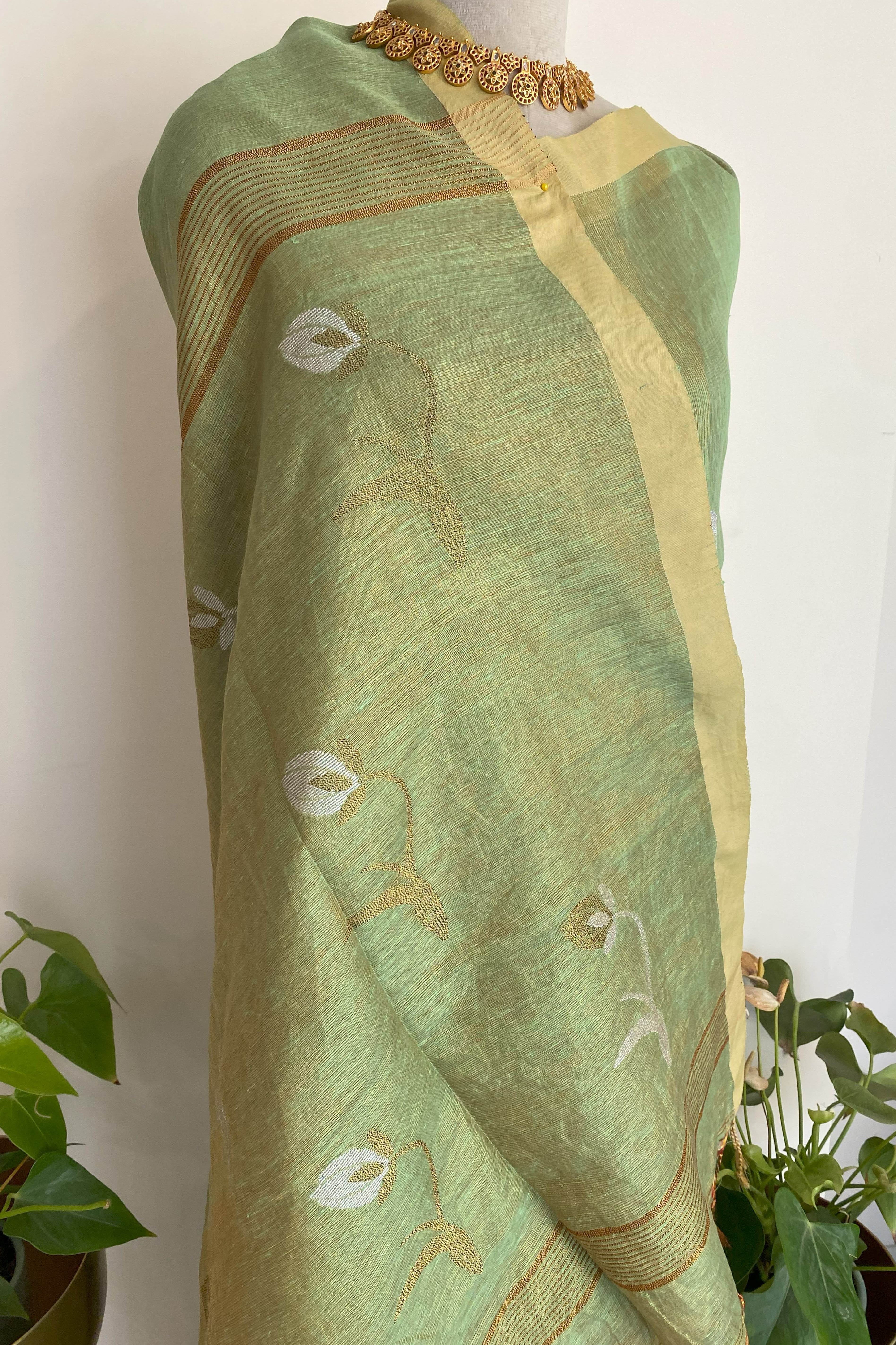 Suchi Tissue Linen Saree in Basil Green Colour & Yellow Border - Indian Handloomz
