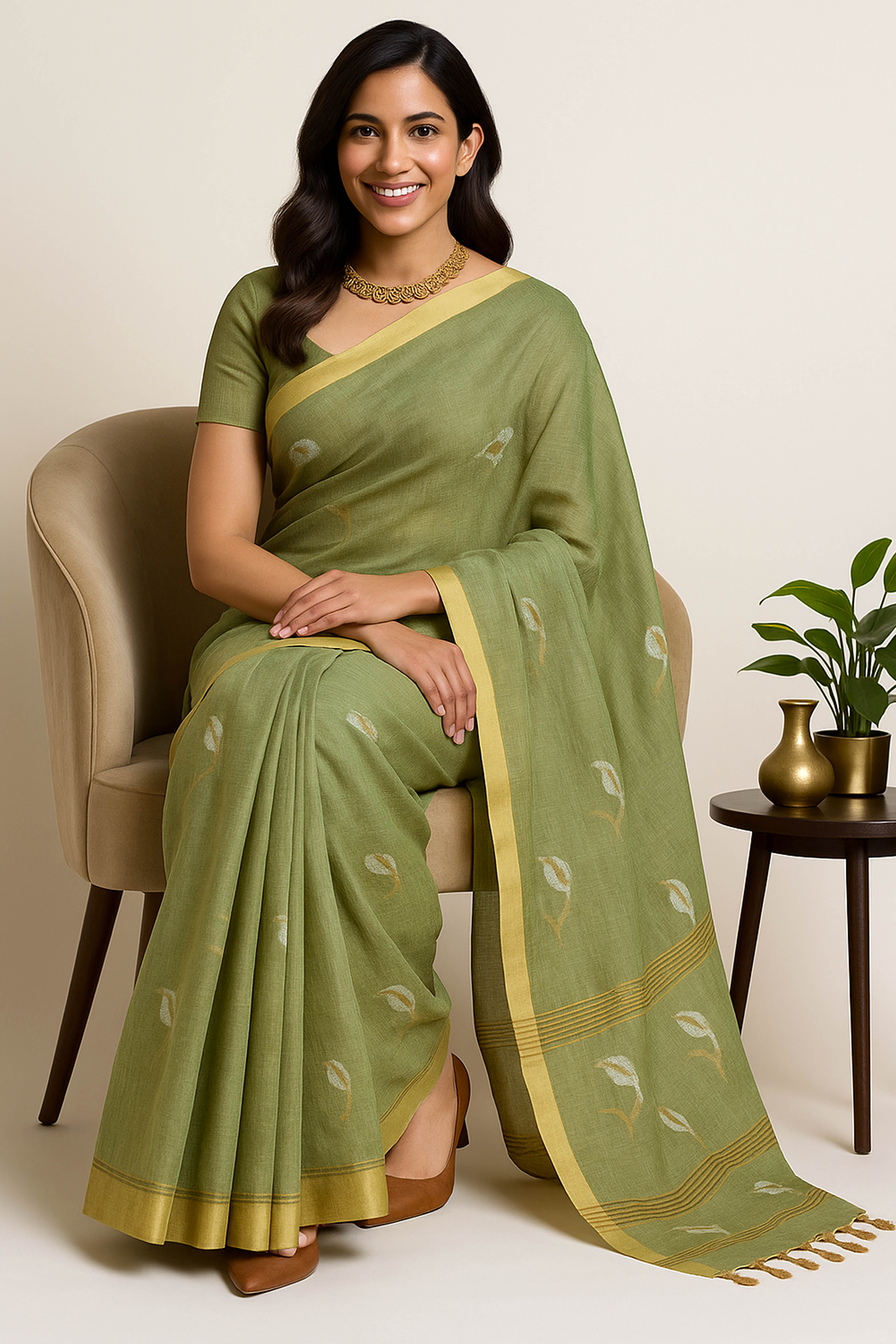Suchi Tissue Linen Saree in Basil Green Colour & Yellow Border - Indian Handloomz