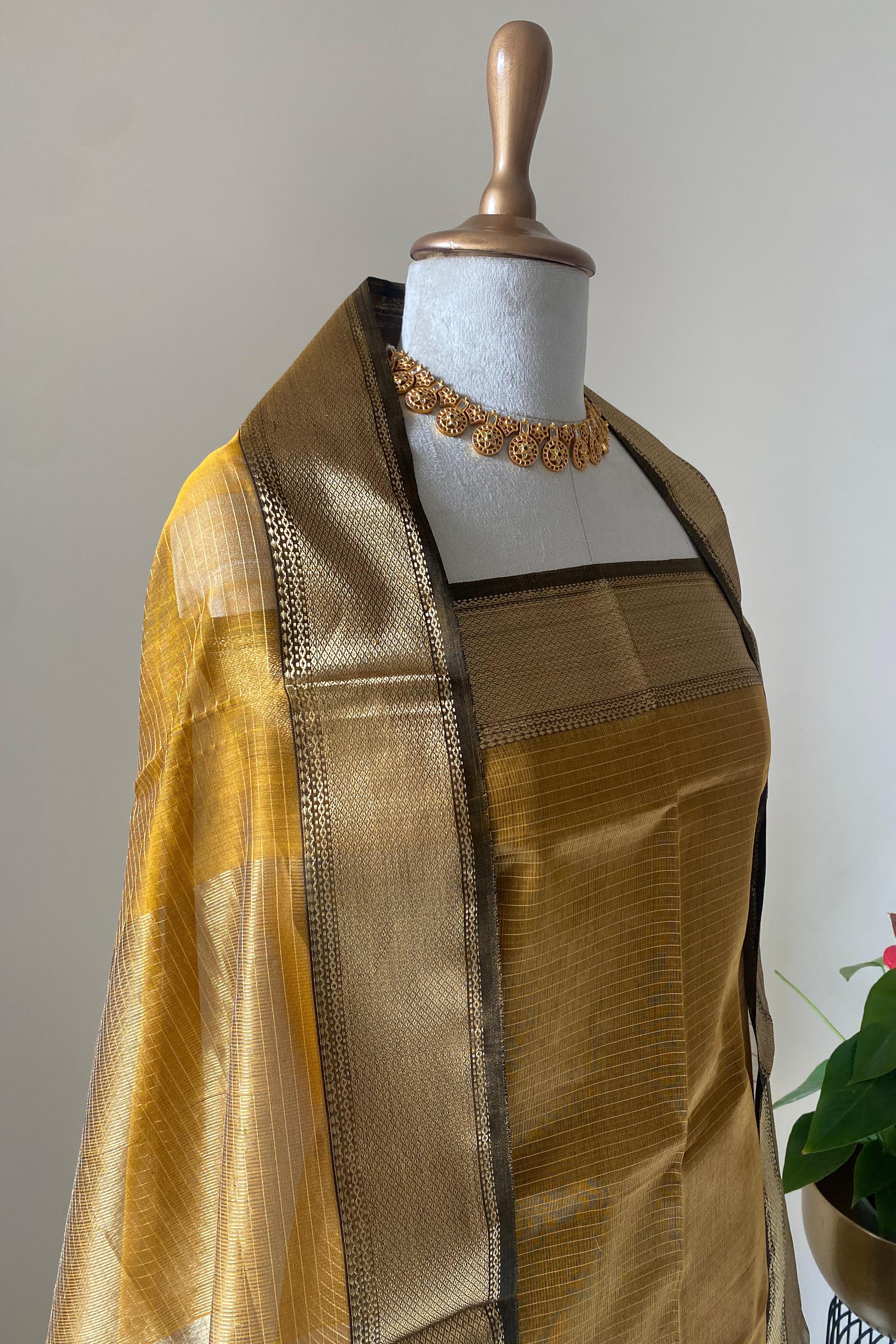 Farida Mustard Yellow Tissue Cotton Silk Maheshwari Unstitched Suit Set - Indian Handloomz