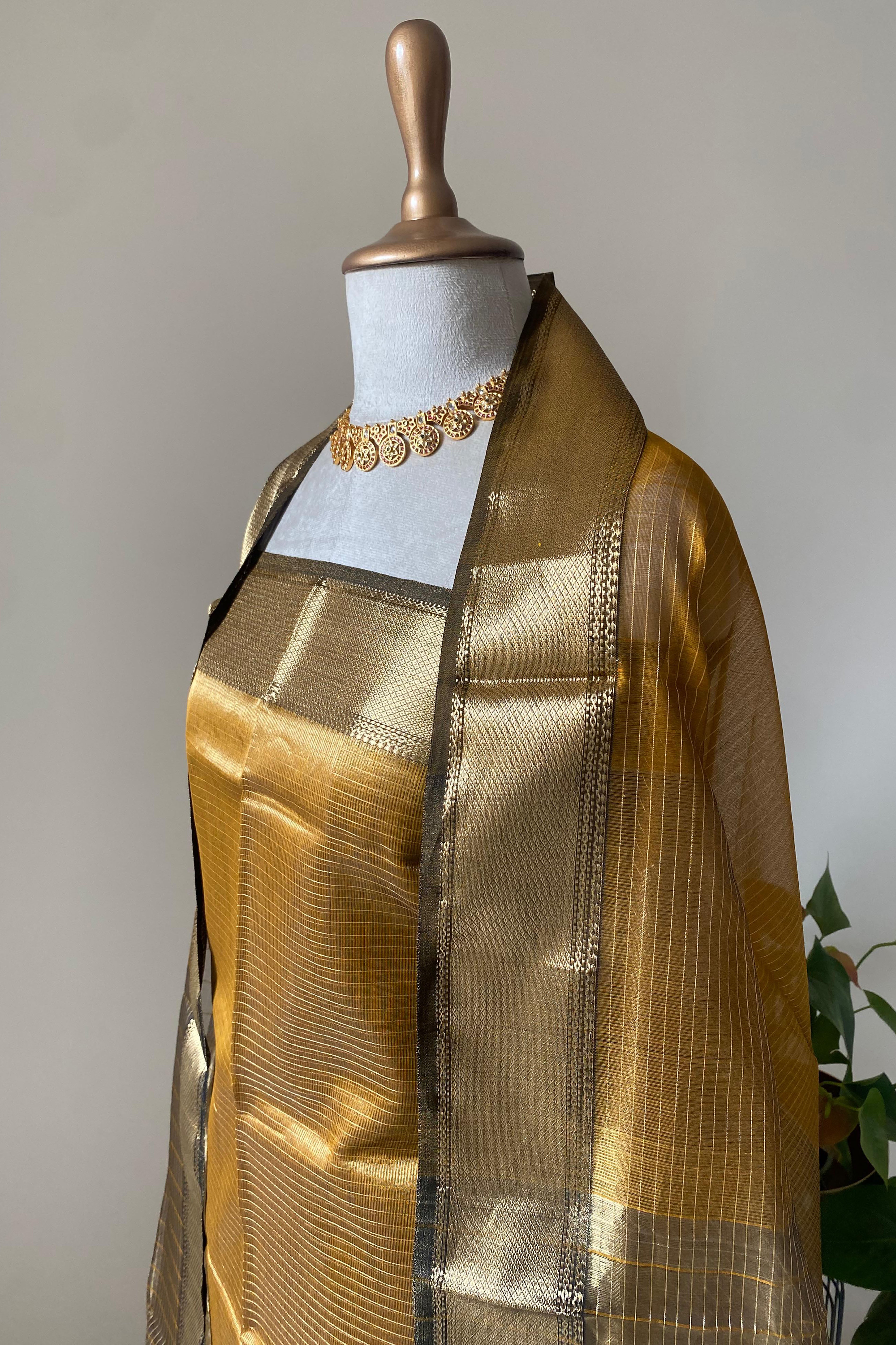 Farida Mustard Yellow Tissue Cotton Silk Maheshwari Unstitched Suit Set - Indian Handloomz