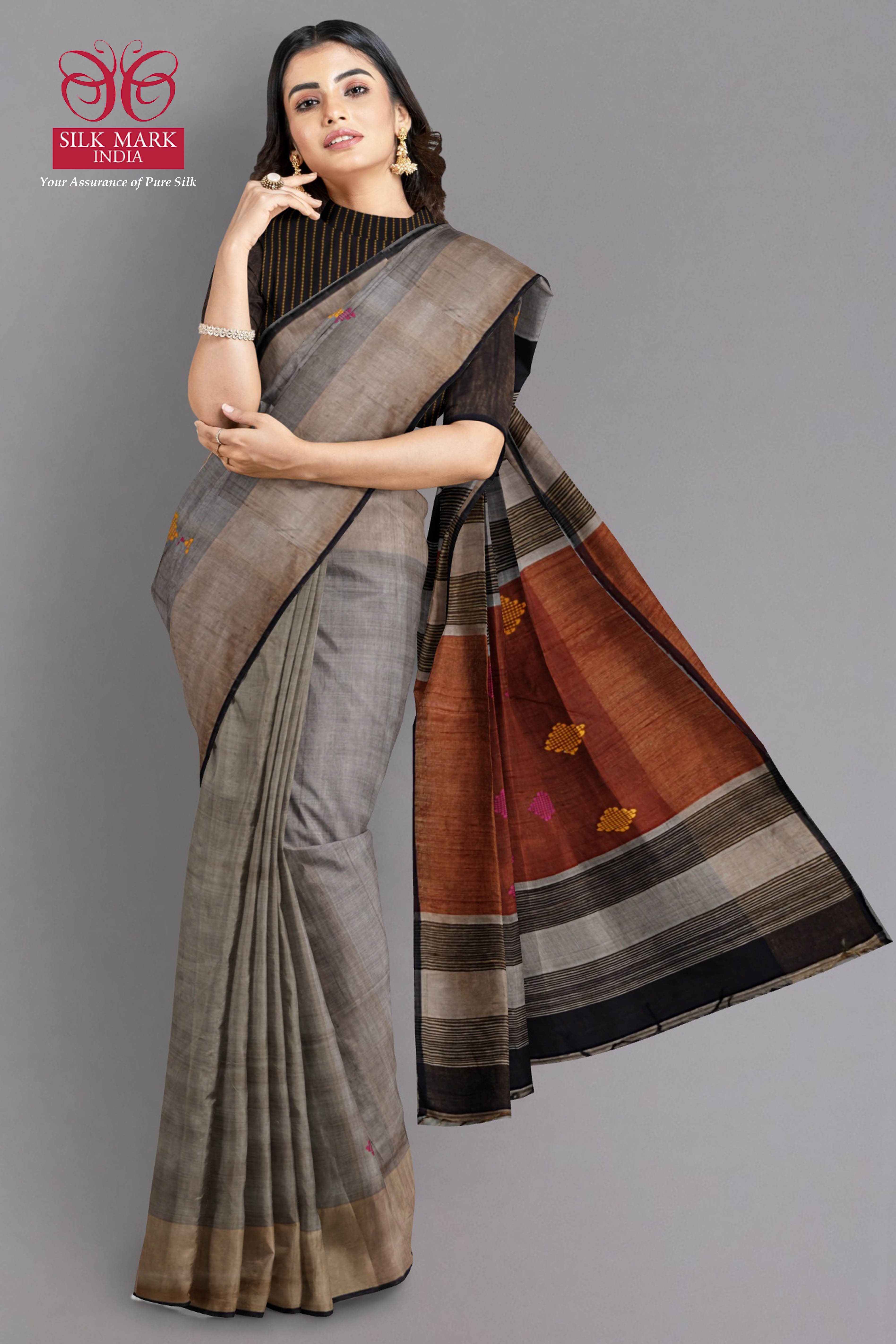 Maithili Pure Tussar Silk Saree in Charcoal Grey with Yellow & Pink Buttas - Indian Handloomz