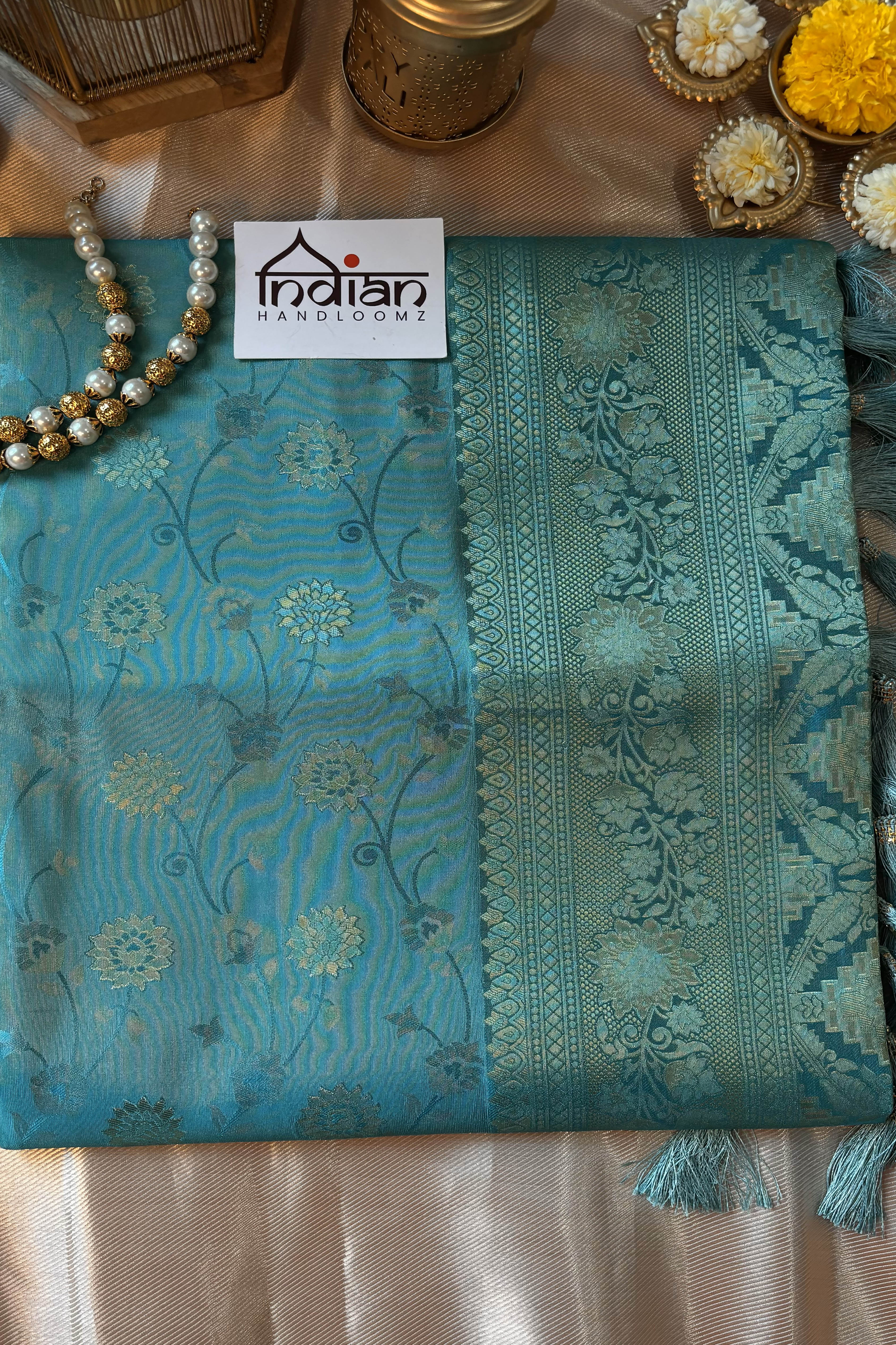 Samruddhi Kanjivaram Silk Saree in Sky blue colour with all over golden zari weaving