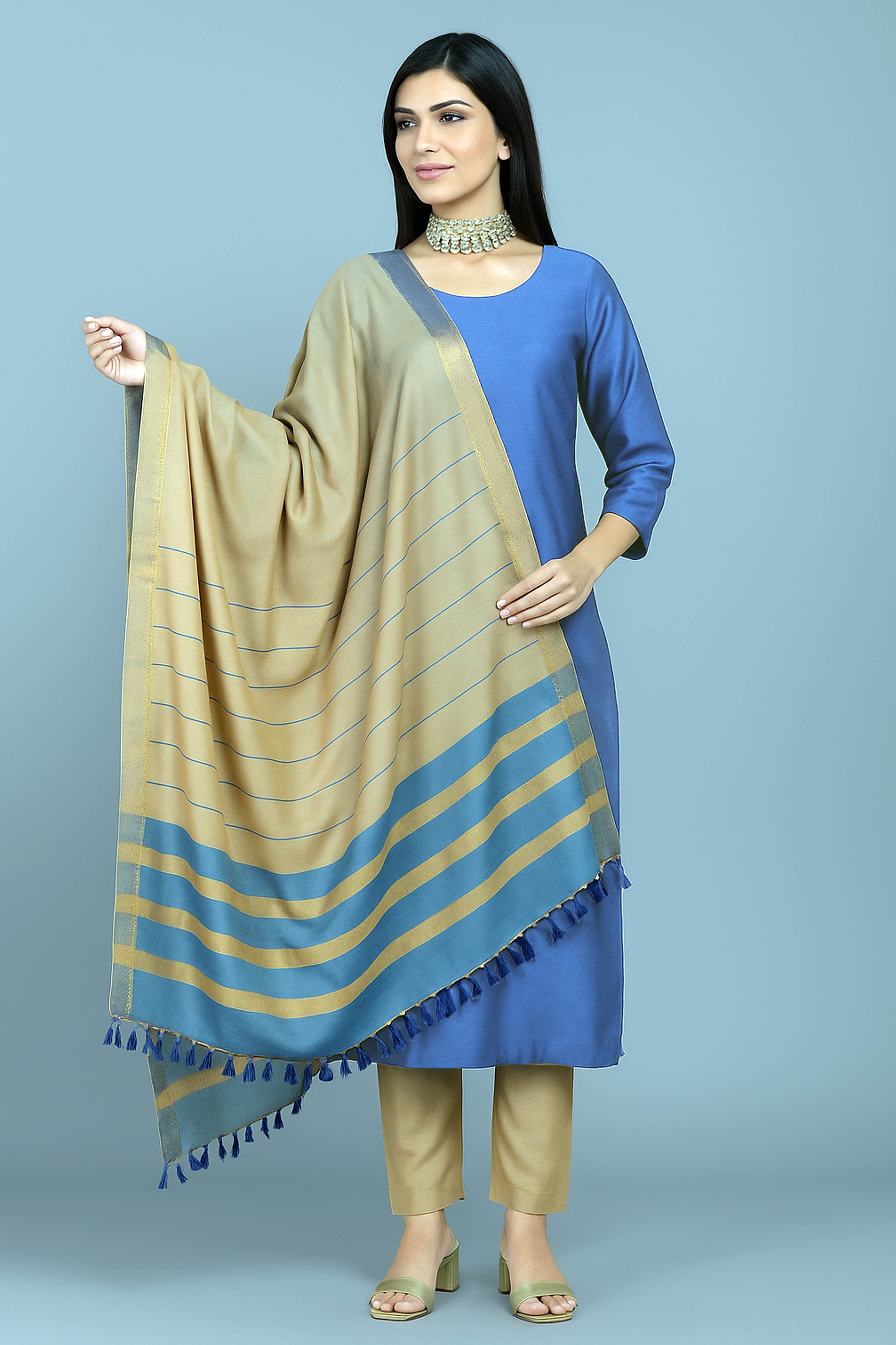 Tridha Pure Venkatagiri Silk Unstitched Suit Set in Azure Blue Colour, Dupatta in Beige & Blue - Indian Handloomz