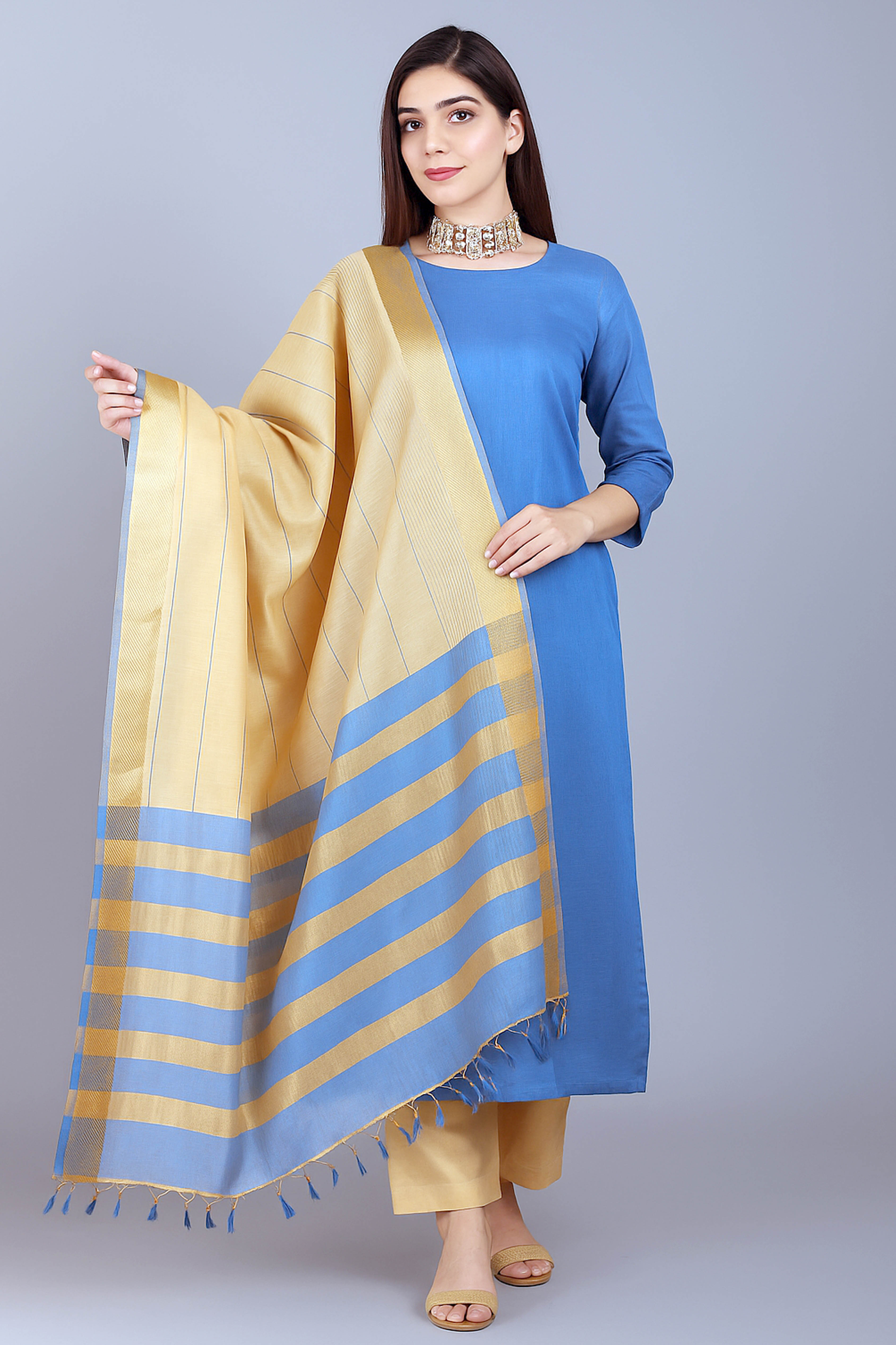 Tridha Pure Venkatagiri Silk Unstitched Suit Set in Azure Blue Colour, Dupatta in Beige & Blue - Indian Handloomz