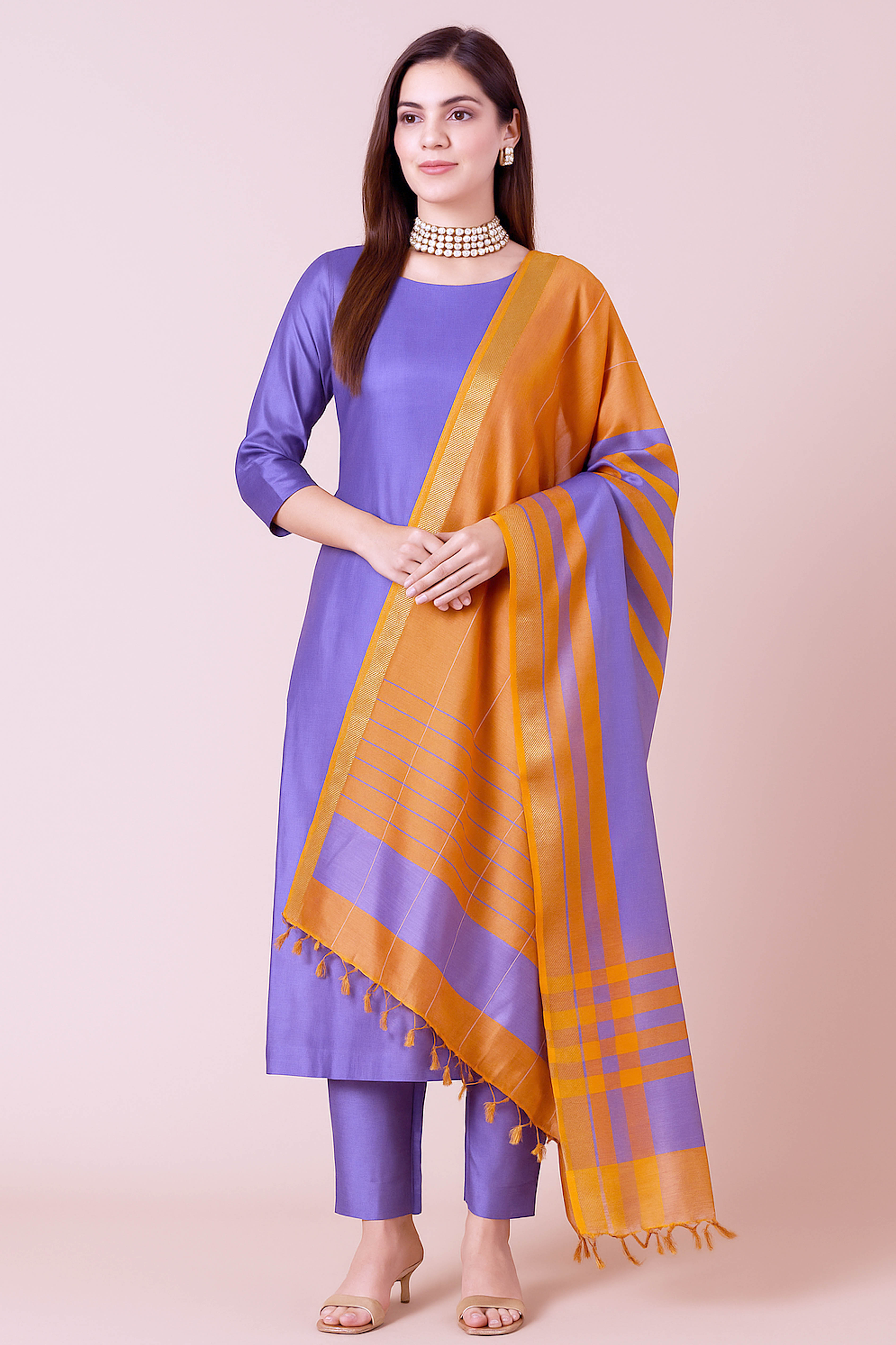 Vidya Pure Venkatagiri Silk Unstitched Suit Set in Dignified Lavender Blue Colour, Dupatta in Golden Yellow - Indian Handloomz