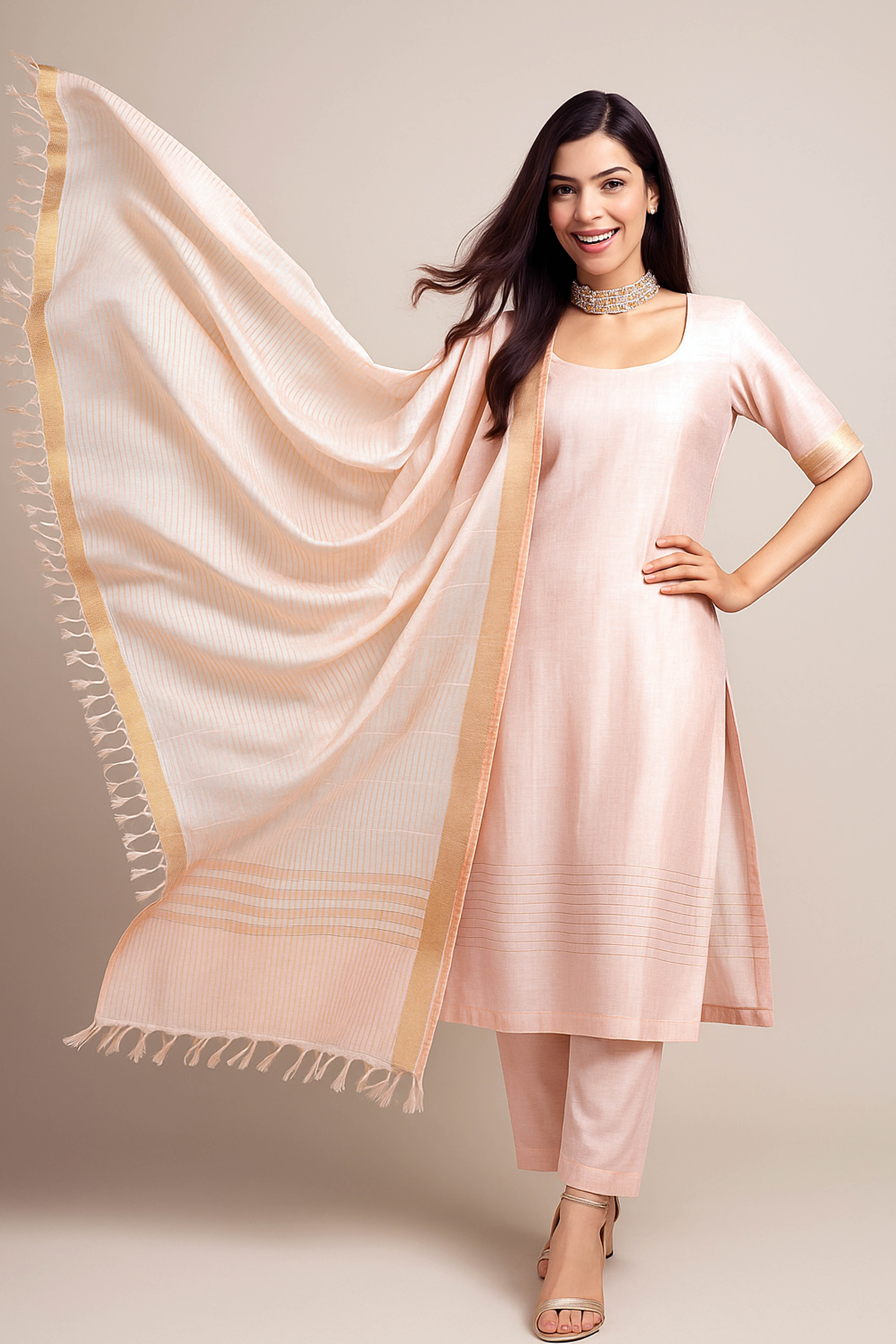 Kuntika Pure Venkatagiri Unstitched Suit Set in Subtle Light Peach Colour, Dupatta in Moonlight White - Indian Handloomz