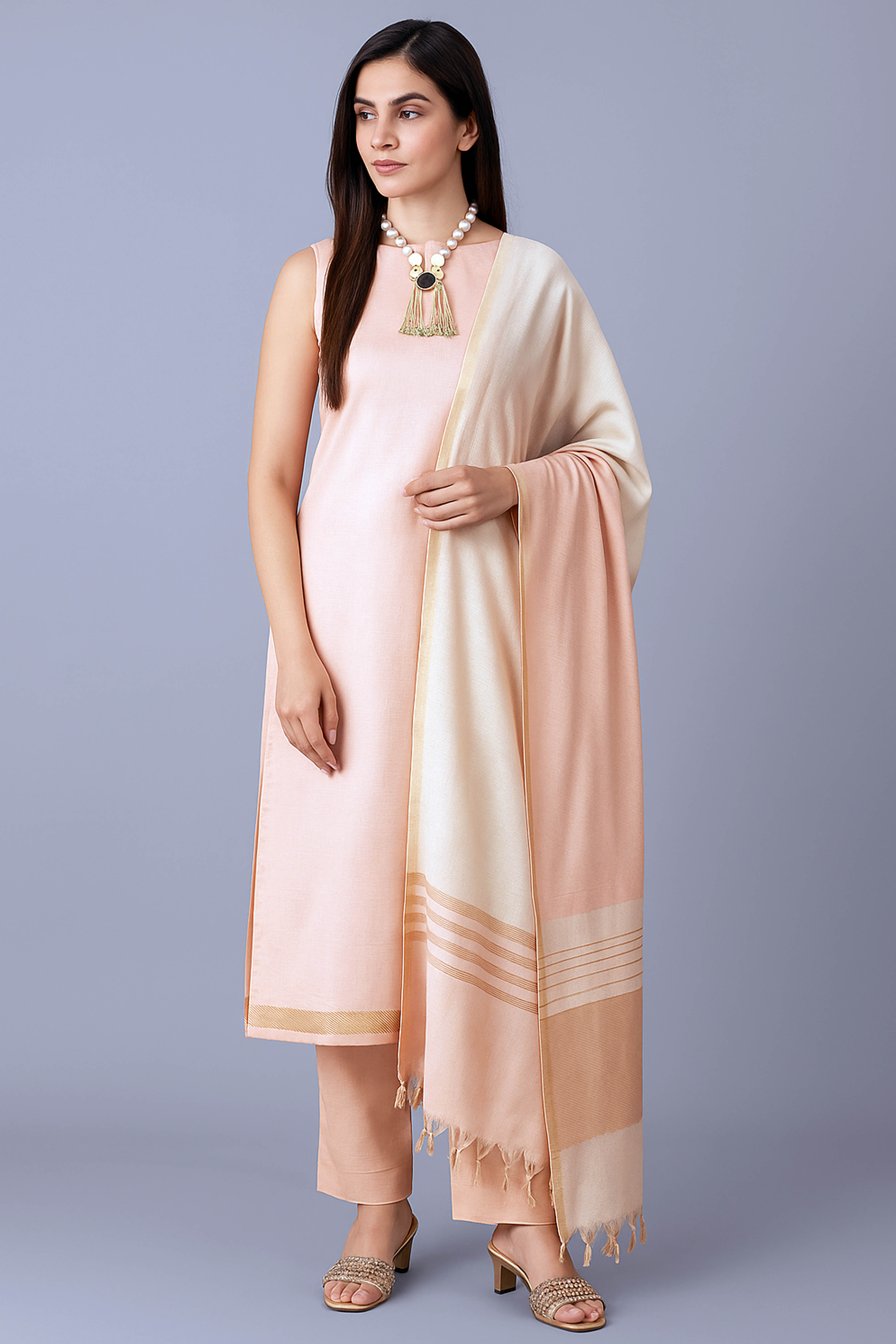Kuntika Pure Venkatagiri Unstitched Suit Set in Subtle Light Peach Colour, Dupatta in Moonlight White - Indian Handloomz