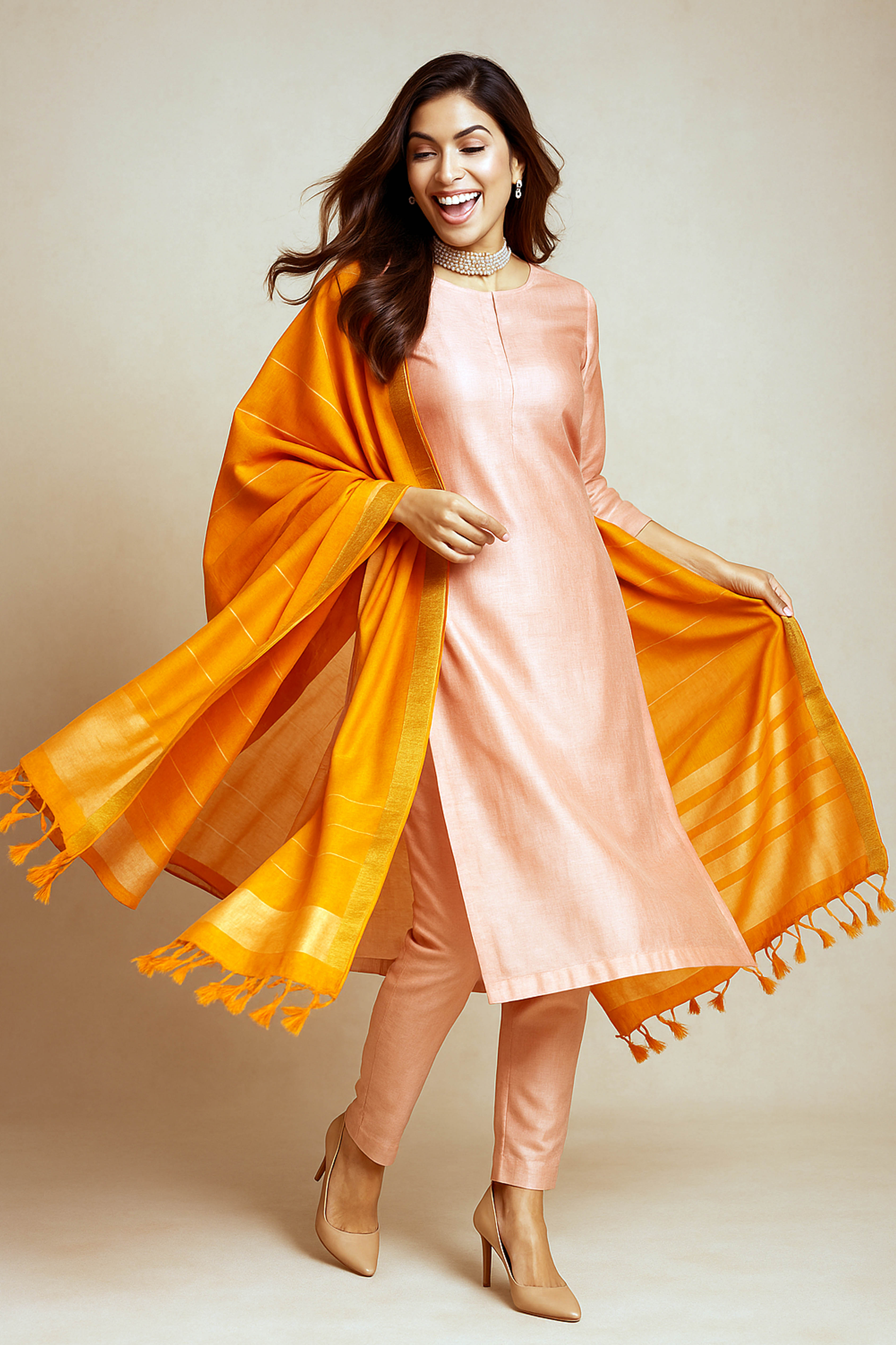 Shanaya Pure Venkatagiri Silk Unstitched Suit Set in Sunset Serenade Colour, Dupatta in Radiant Mustard Yellow - Indian Handloomz