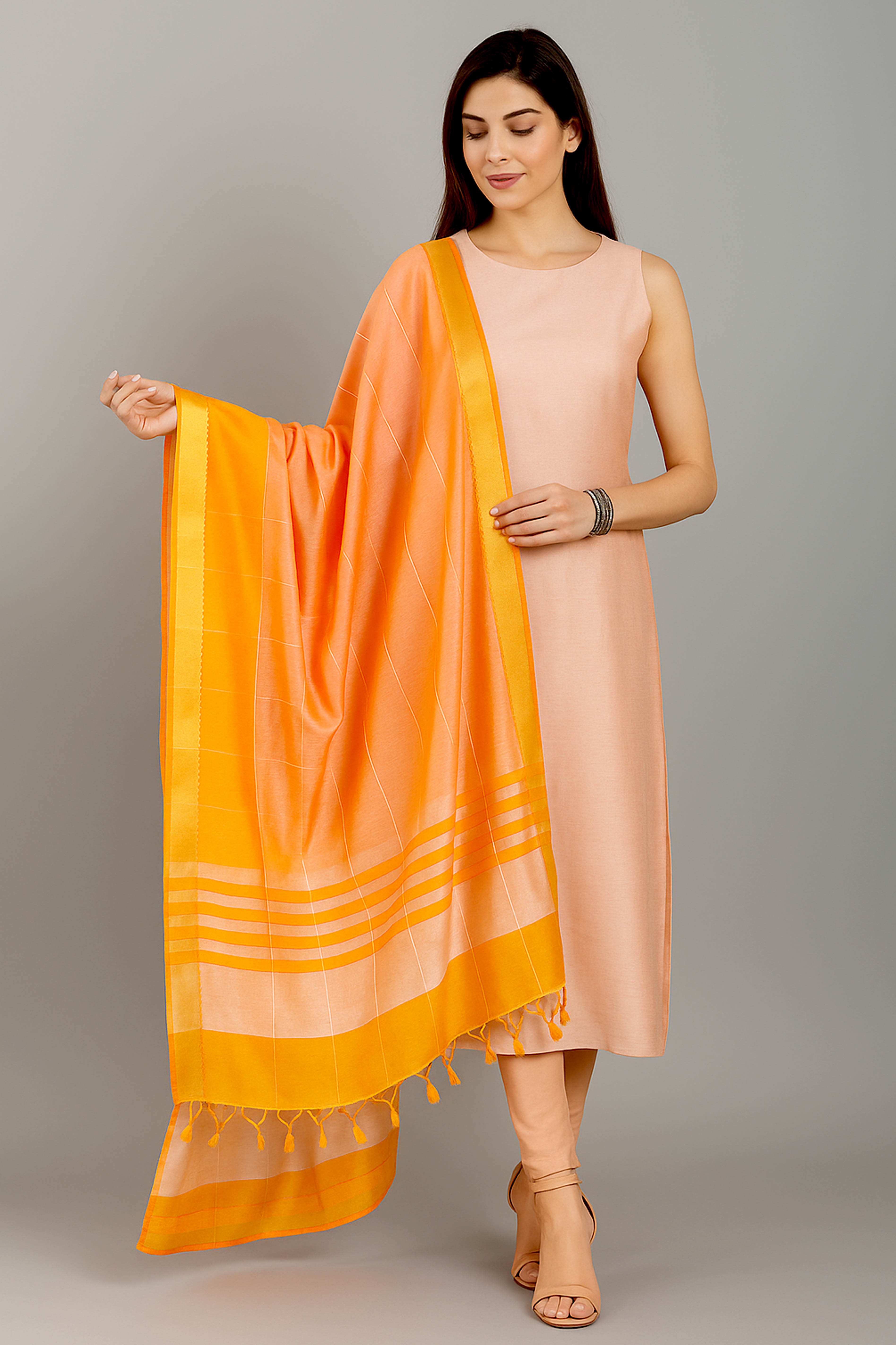 Shanaya Pure Venkatagiri Silk Unstitched Suit Set in Sunset Serenade Colour, Dupatta in Radiant Mustard Yellow - Indian Handloomz