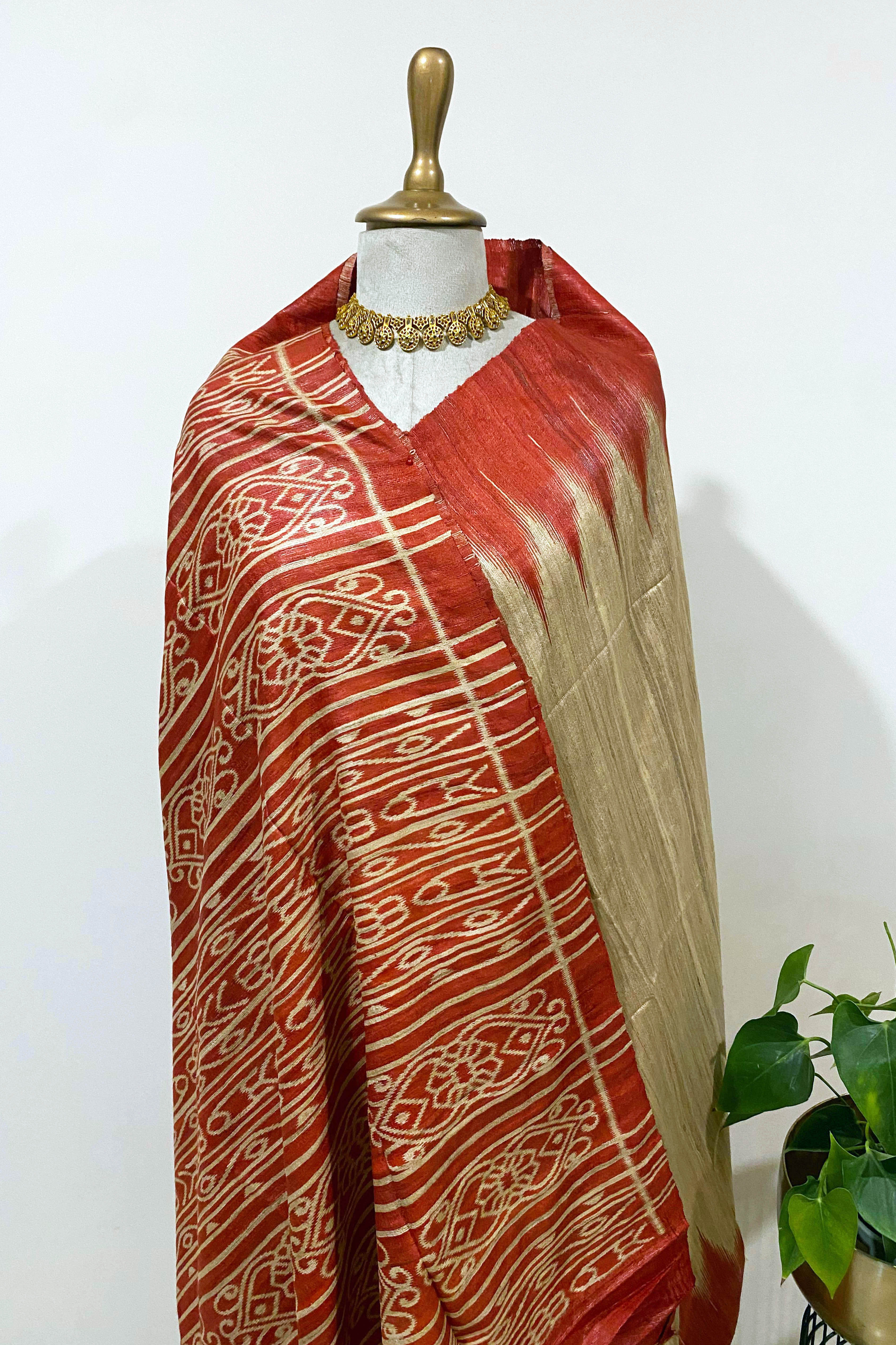 Vansi Pure Ghicha Tussar Silk Saree in Ikkat Design Beige & Red