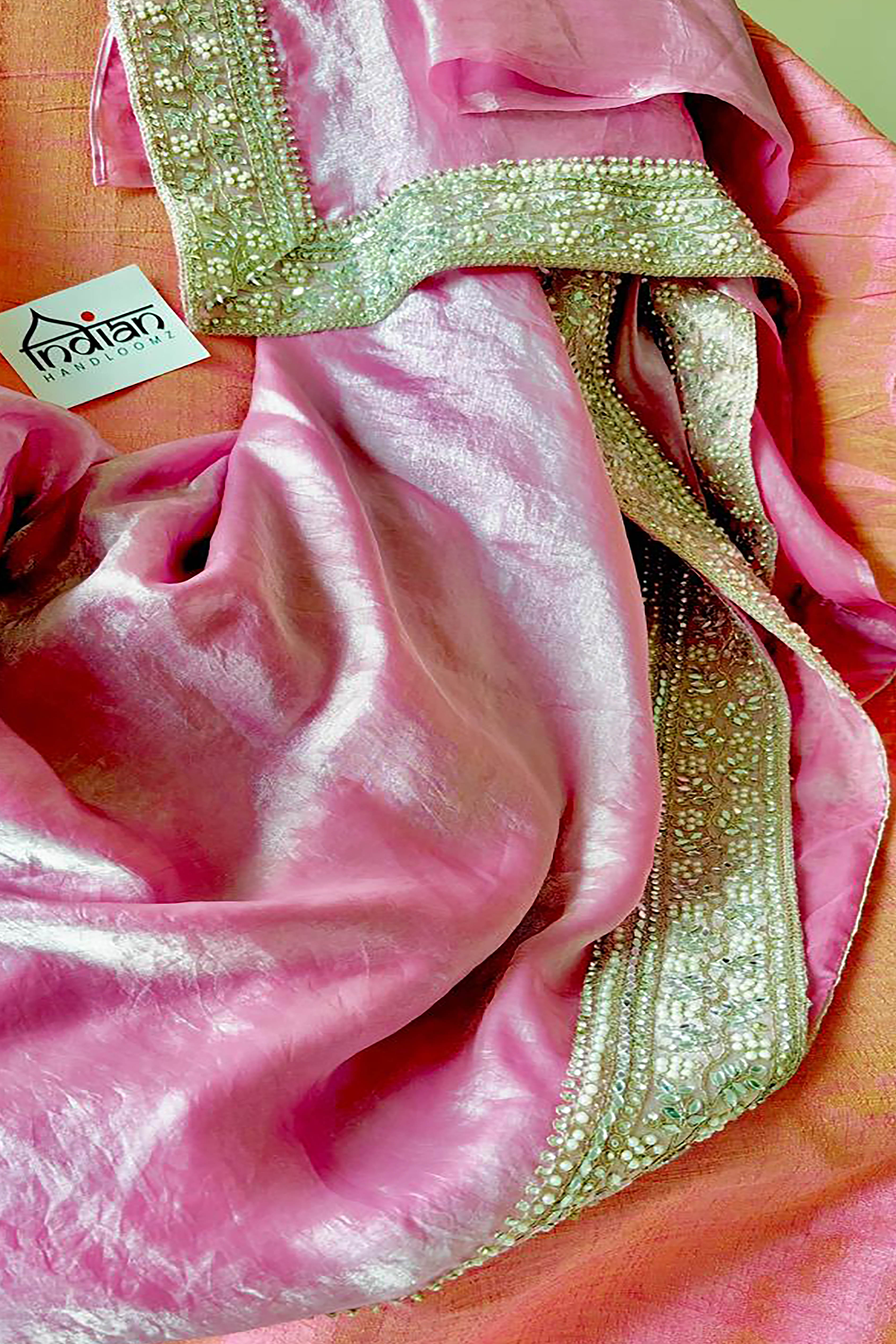 Venus Pure Satin Tissue Saree in Baby Pink Colour with Golden Sheen