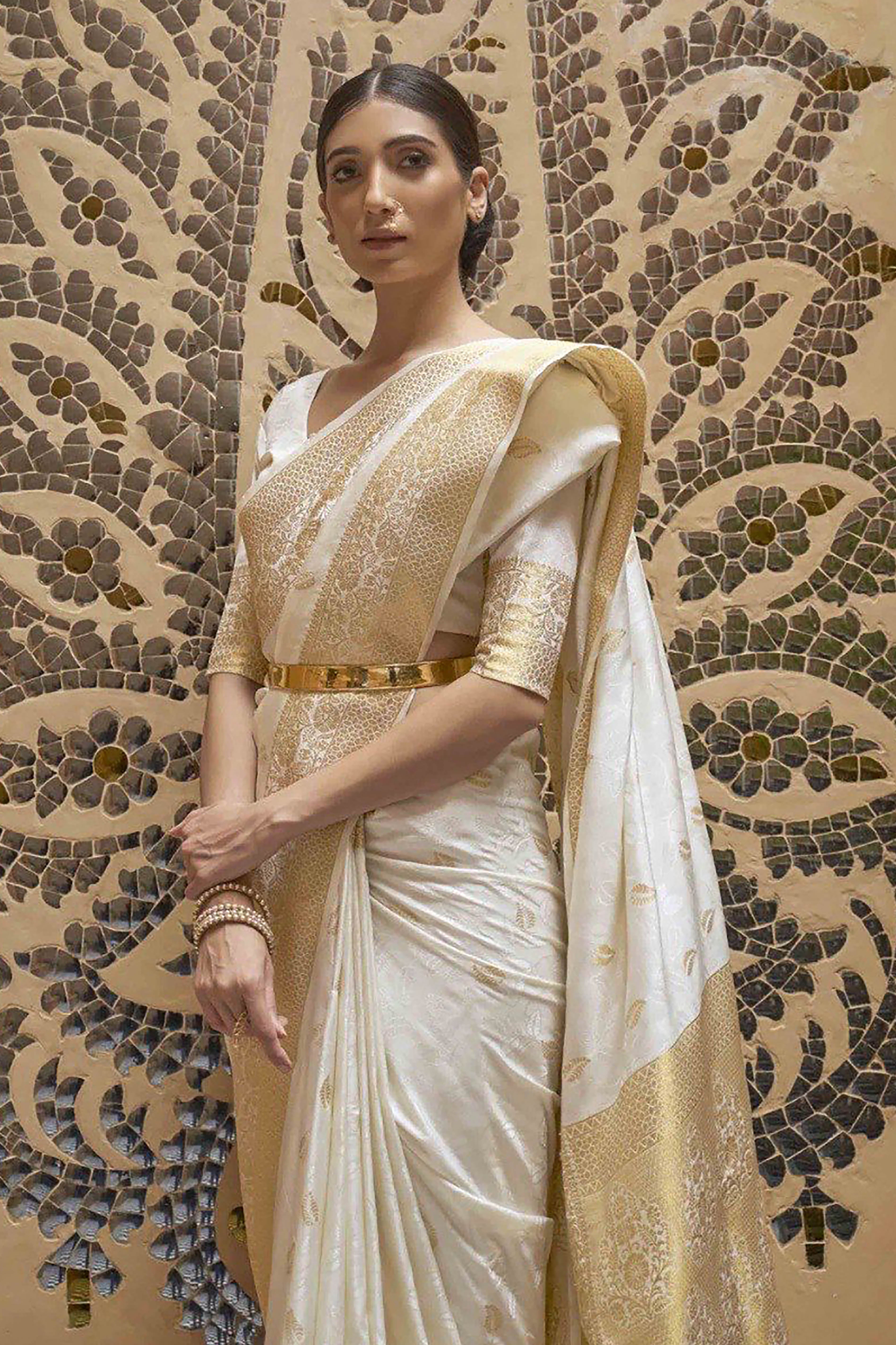 Tvisha Kanchipuram Silk Sarees in Ivory Colour & Golden Zari Border